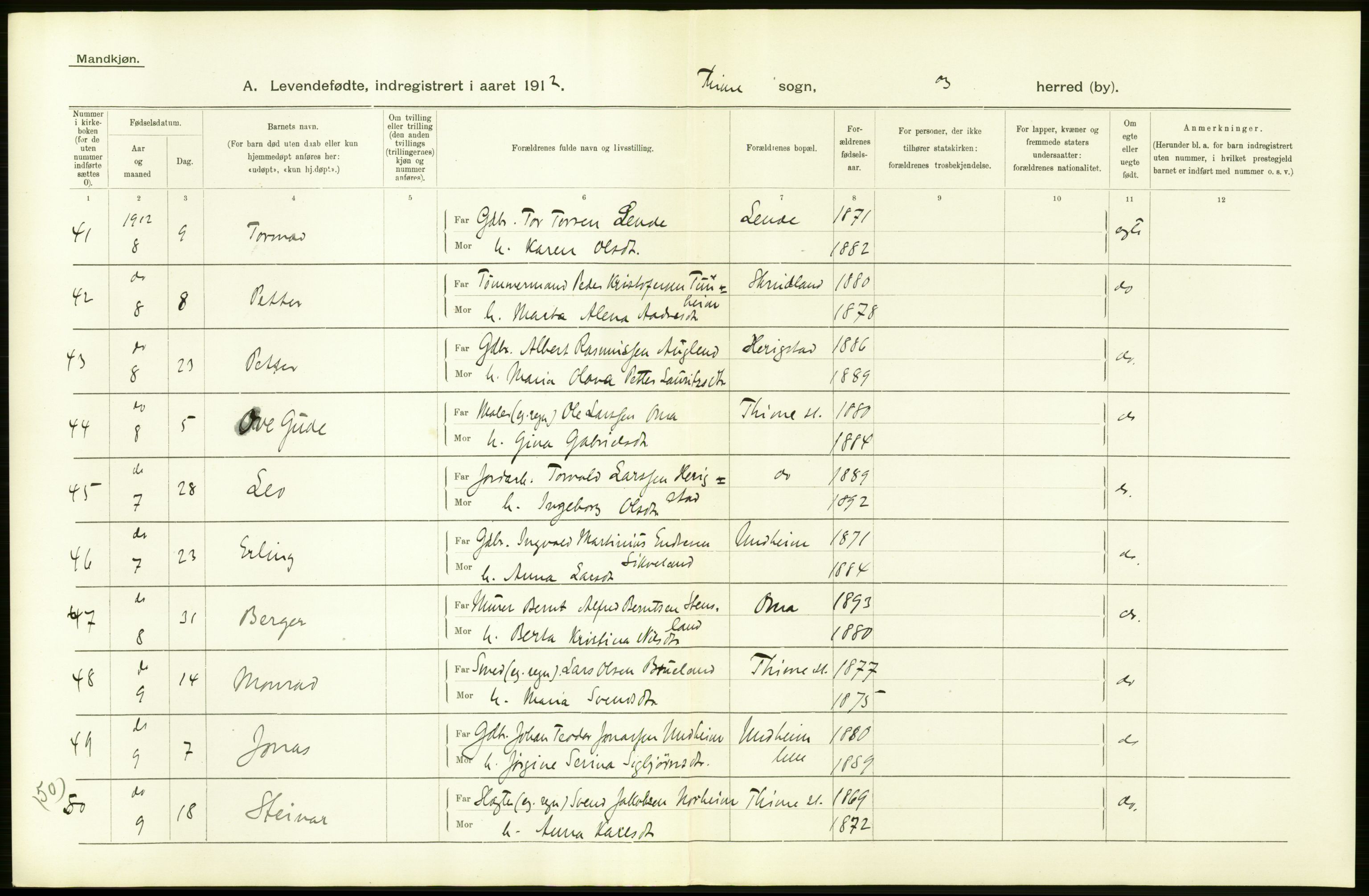 Statistisk sentralbyrå, Sosiodemografiske emner, Befolkning, AV/RA-S-2228/D/Df/Dfb/Dfbb/L0026: Stavanger amt: Levendefødte menn og kvinner. Bygder., 1912, p. 6