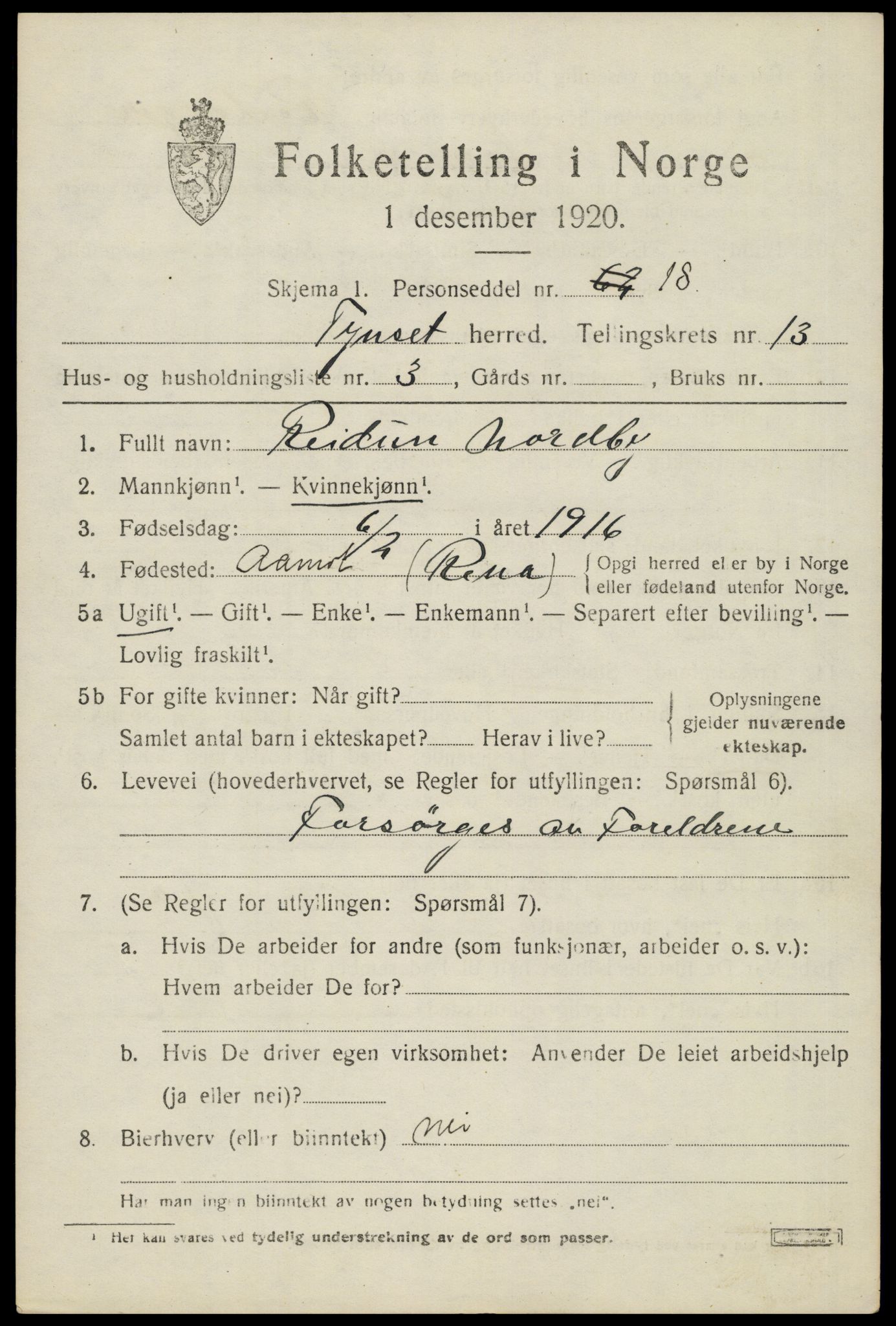 SAH, 1920 census for Tynset, 1920, p. 8622