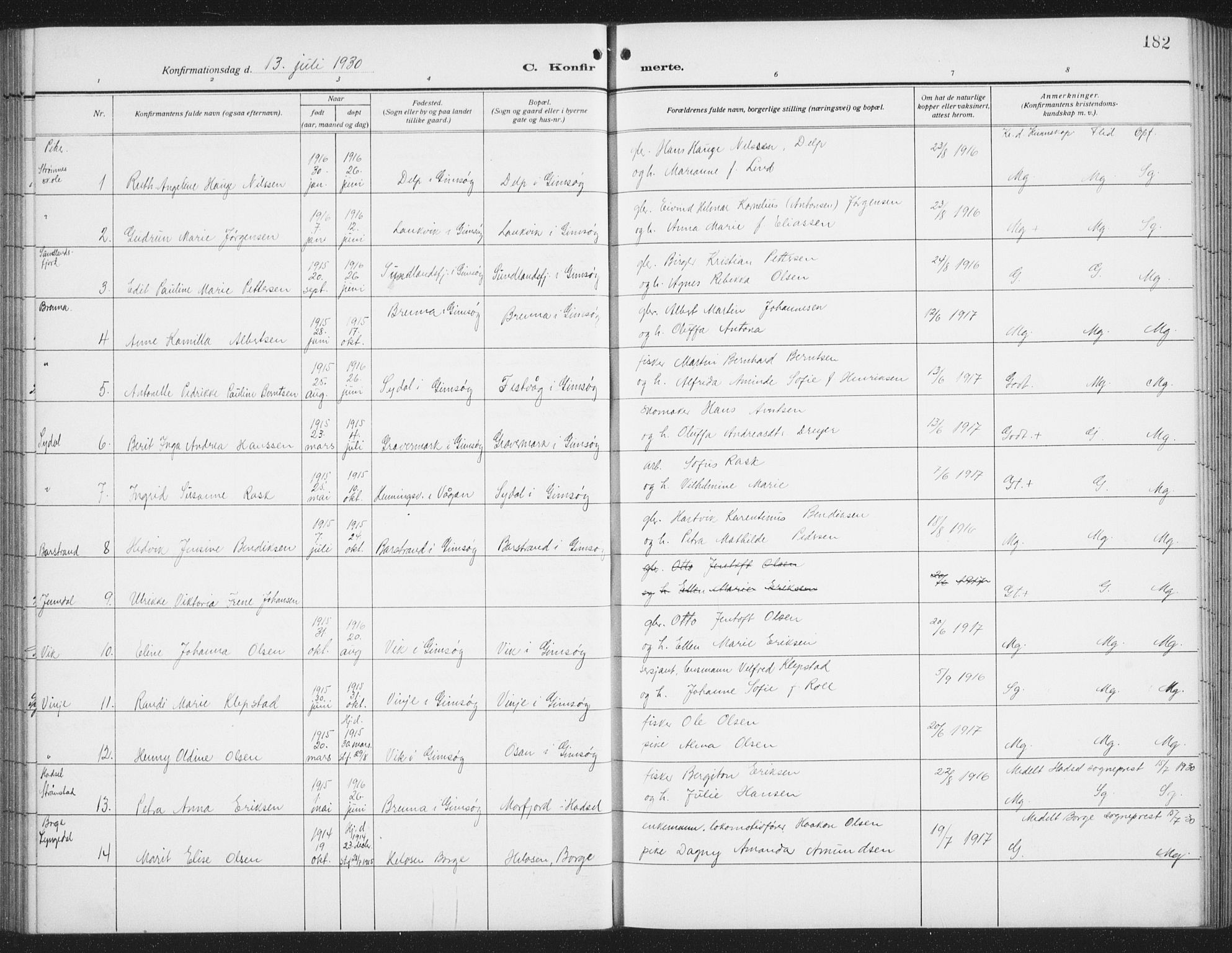 Ministerialprotokoller, klokkerbøker og fødselsregistre - Nordland, SAT/A-1459/876/L1106: Parish register (copy) no. 876C05, 1915-1942, p. 182