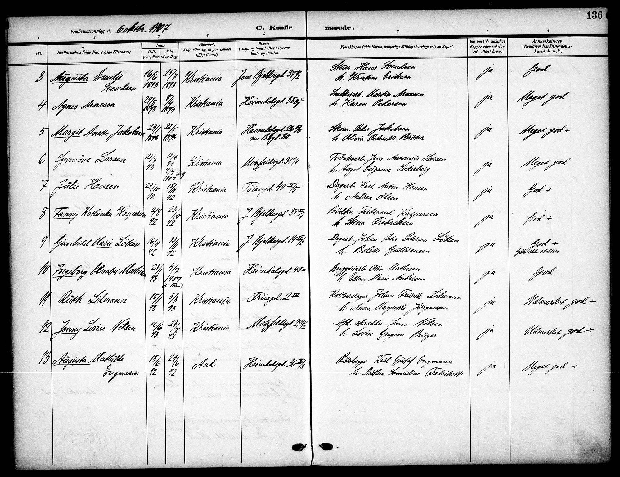 Tøyen prestekontor Kirkebøker, AV/SAO-A-10167a/F/Fa/L0001: Parish register (official) no. I 1, 1907-1916, p. 136