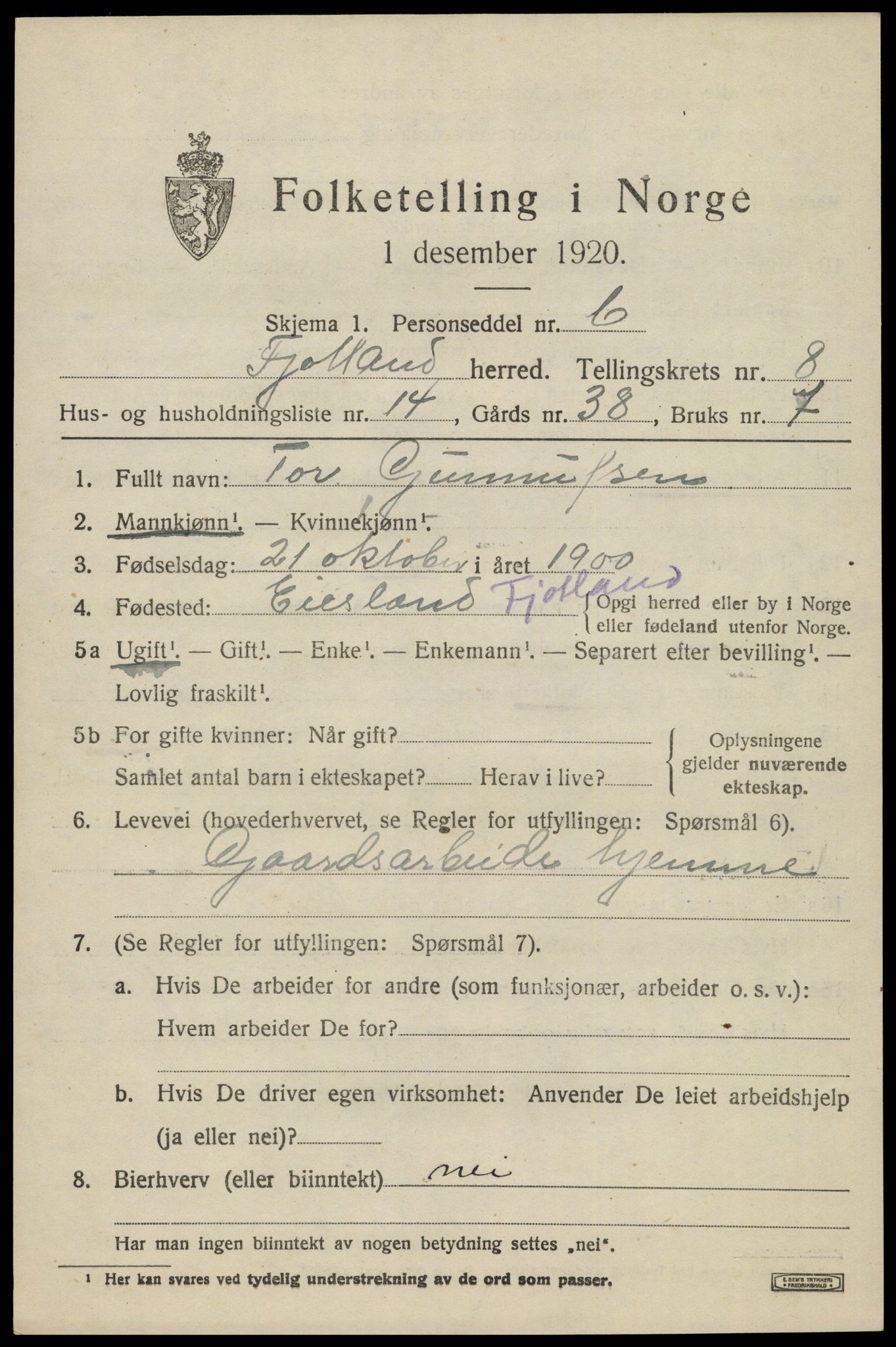 SAK, 1920 census for Fjotland, 1920, p. 2152