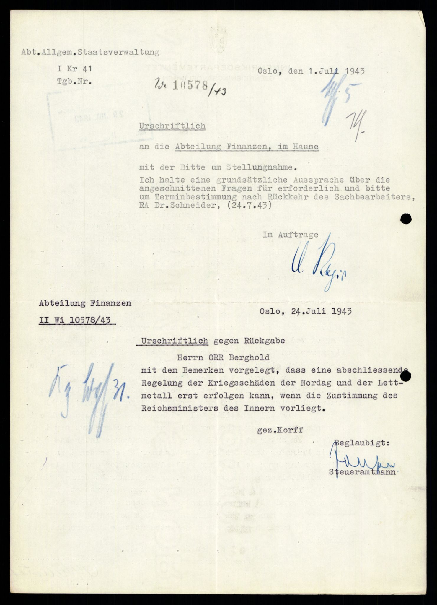 Forsvarets Overkommando. 2 kontor. Arkiv 11.4. Spredte tyske arkivsaker, AV/RA-RAFA-7031/D/Dar/Darb/L0003: Reichskommissariat - Hauptabteilung Vervaltung, 1940-1945, p. 187