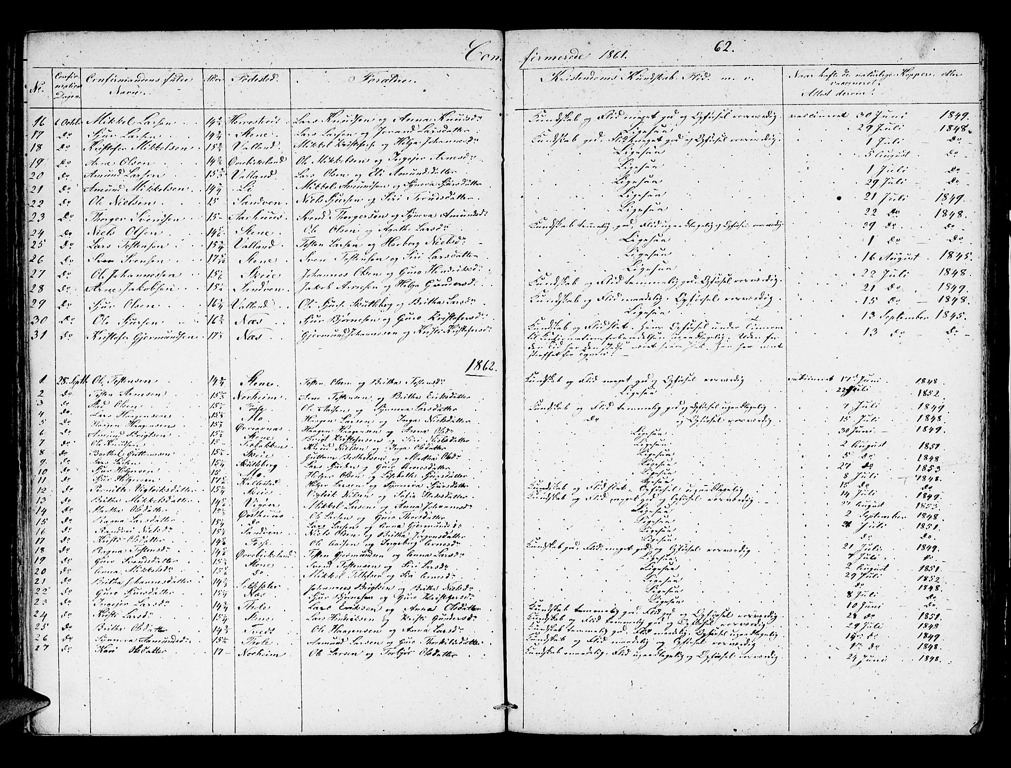 Kvam sokneprestembete, SAB/A-76201/H/Hab: Parish register (copy) no. B 1, 1852-1870, p. 62