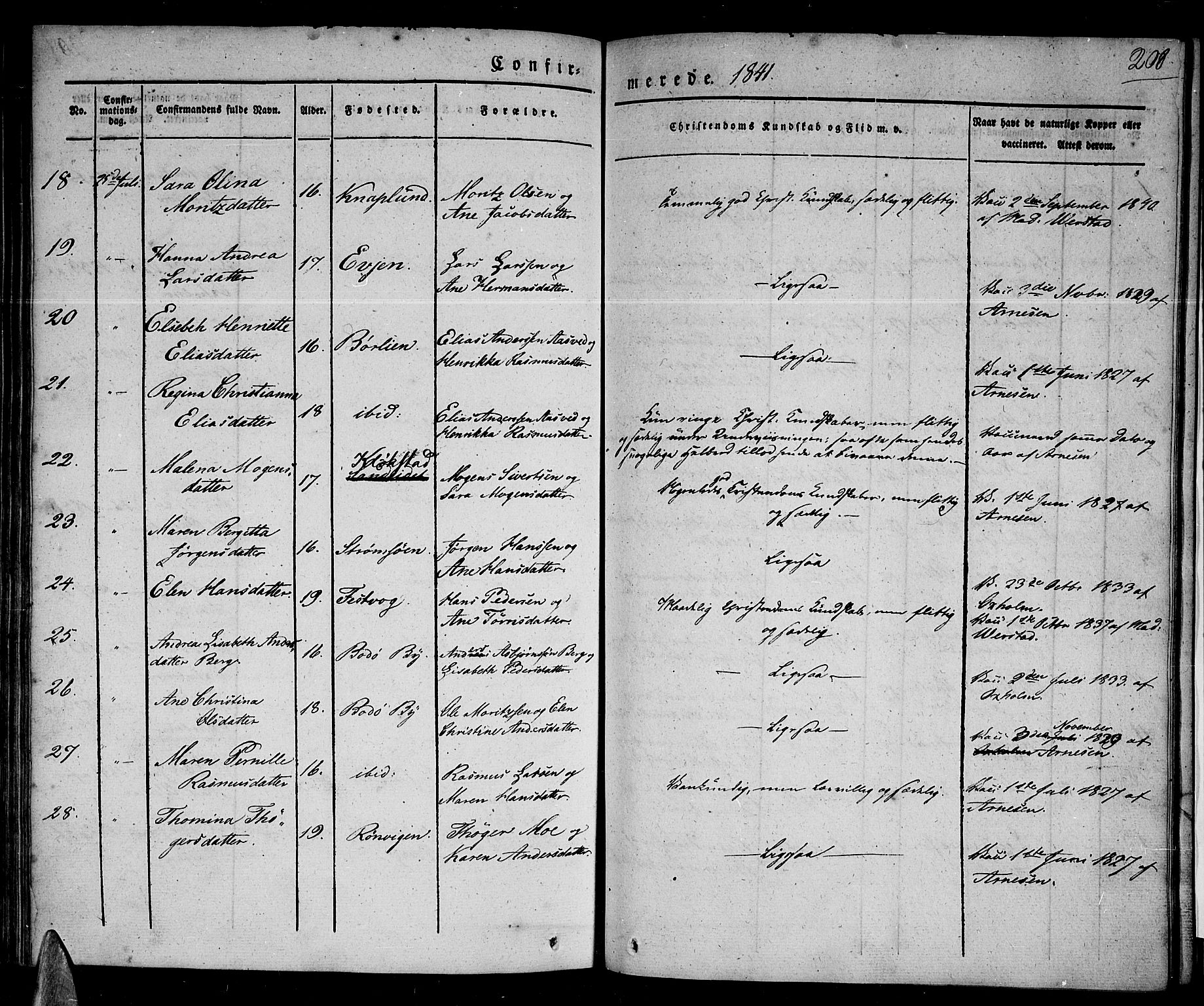 Ministerialprotokoller, klokkerbøker og fødselsregistre - Nordland, AV/SAT-A-1459/801/L0006: Parish register (official) no. 801A06, 1834-1845, p. 208