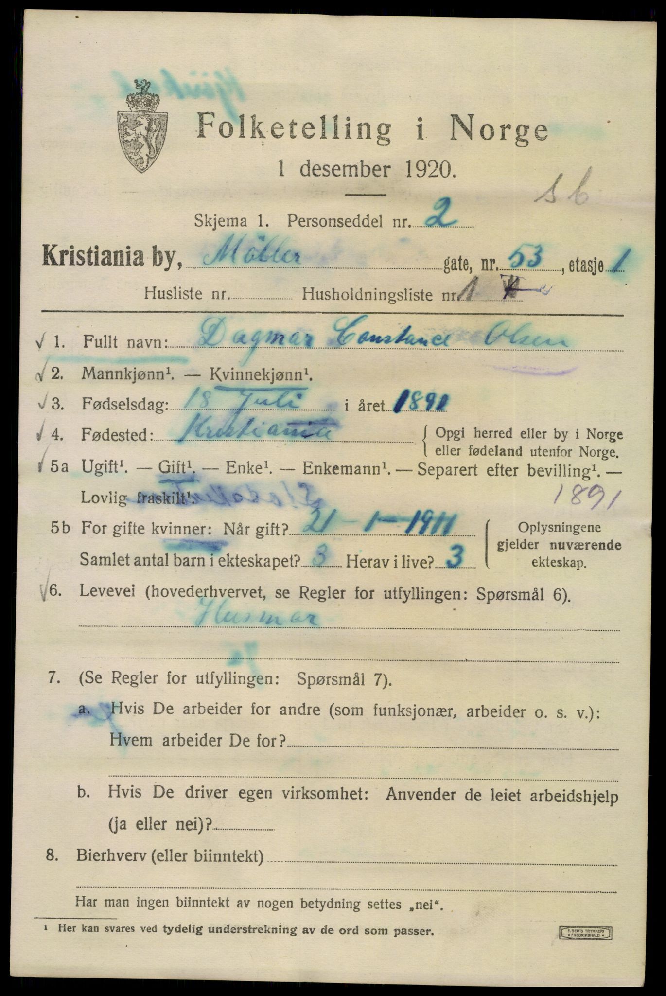 SAO, 1920 census for Kristiania, 1920, p. 409049