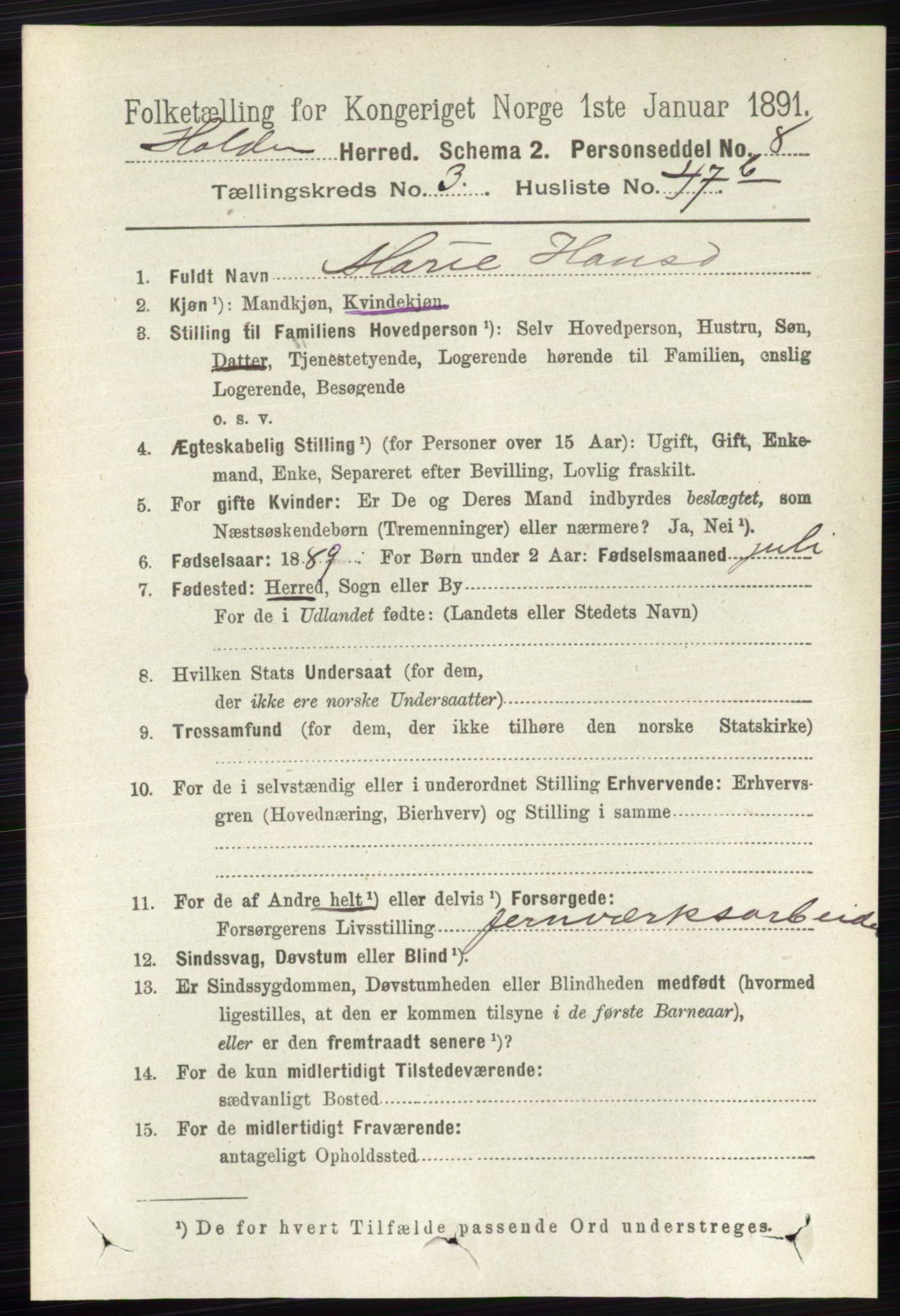 RA, 1891 census for 0819 Holla, 1891, p. 1853