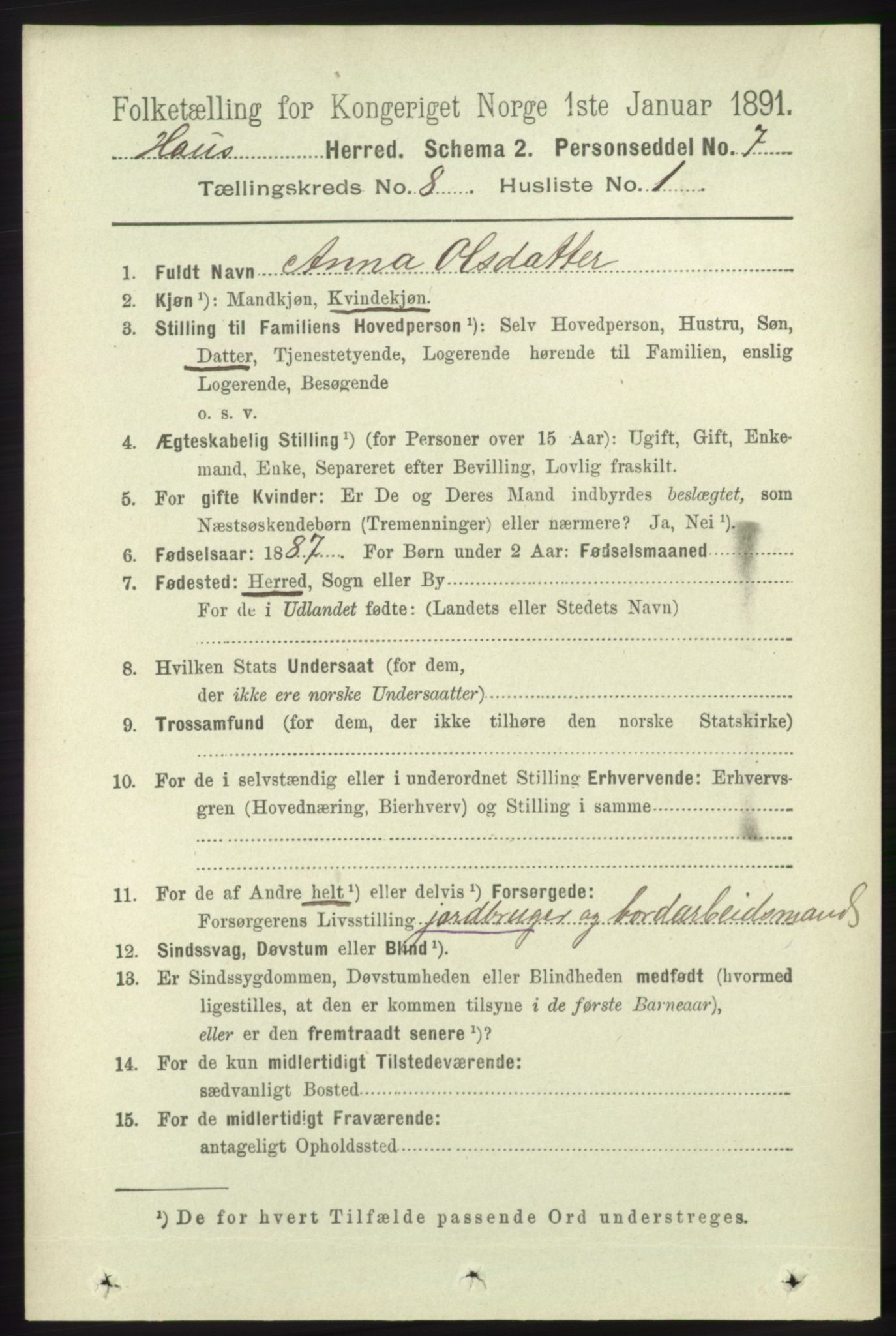 RA, 1891 census for 1250 Haus, 1891, p. 3160