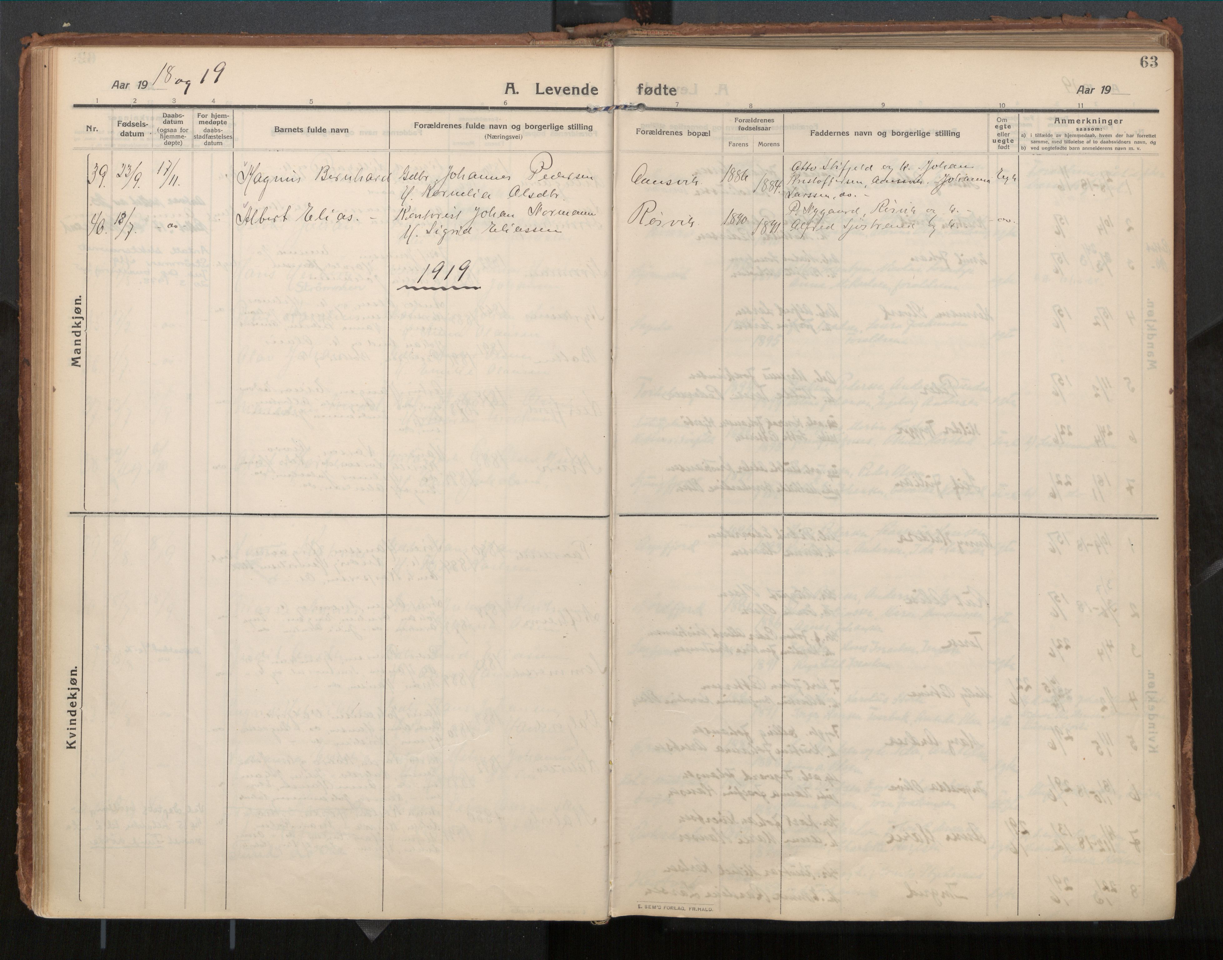 Ministerialprotokoller, klokkerbøker og fødselsregistre - Nordland, AV/SAT-A-1459/854/L0784: Parish register (official) no. 854A07, 1910-1922, p. 63