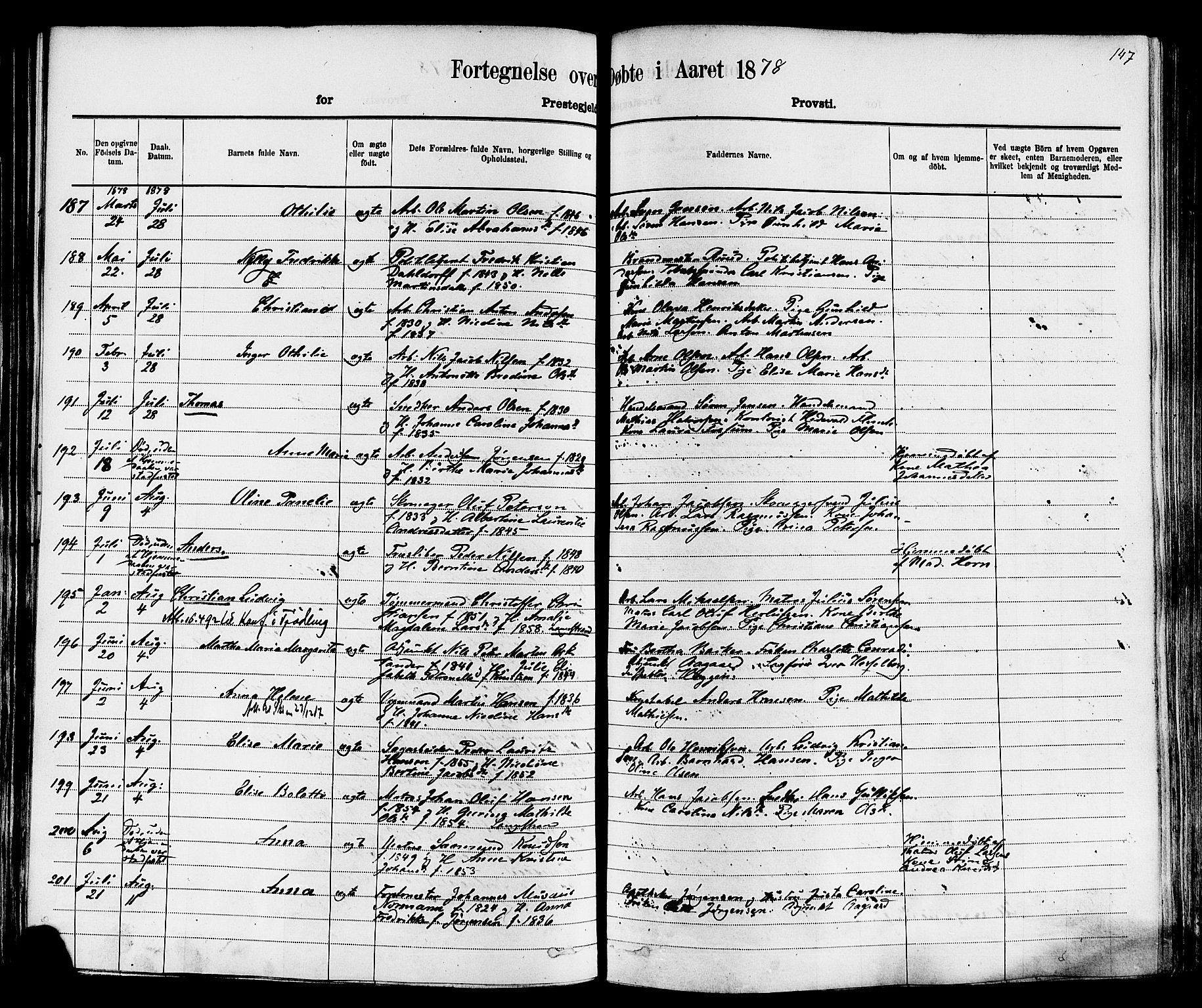 Larvik kirkebøker, AV/SAKO-A-352/F/Fa/L0006: Parish register (official) no. I 6, 1871-1883, p. 147