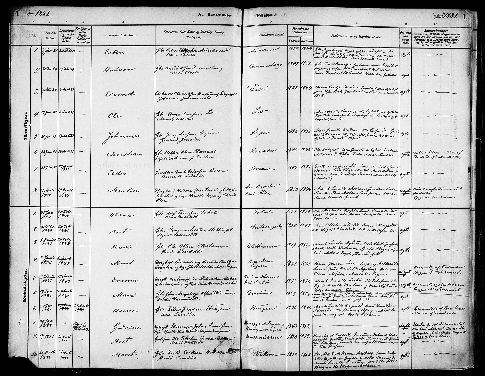 Ministerialprotokoller, klokkerbøker og fødselsregistre - Sør-Trøndelag, SAT/A-1456/678/L0901: Parish register (official) no. 678A10, 1881-1894, p. 1