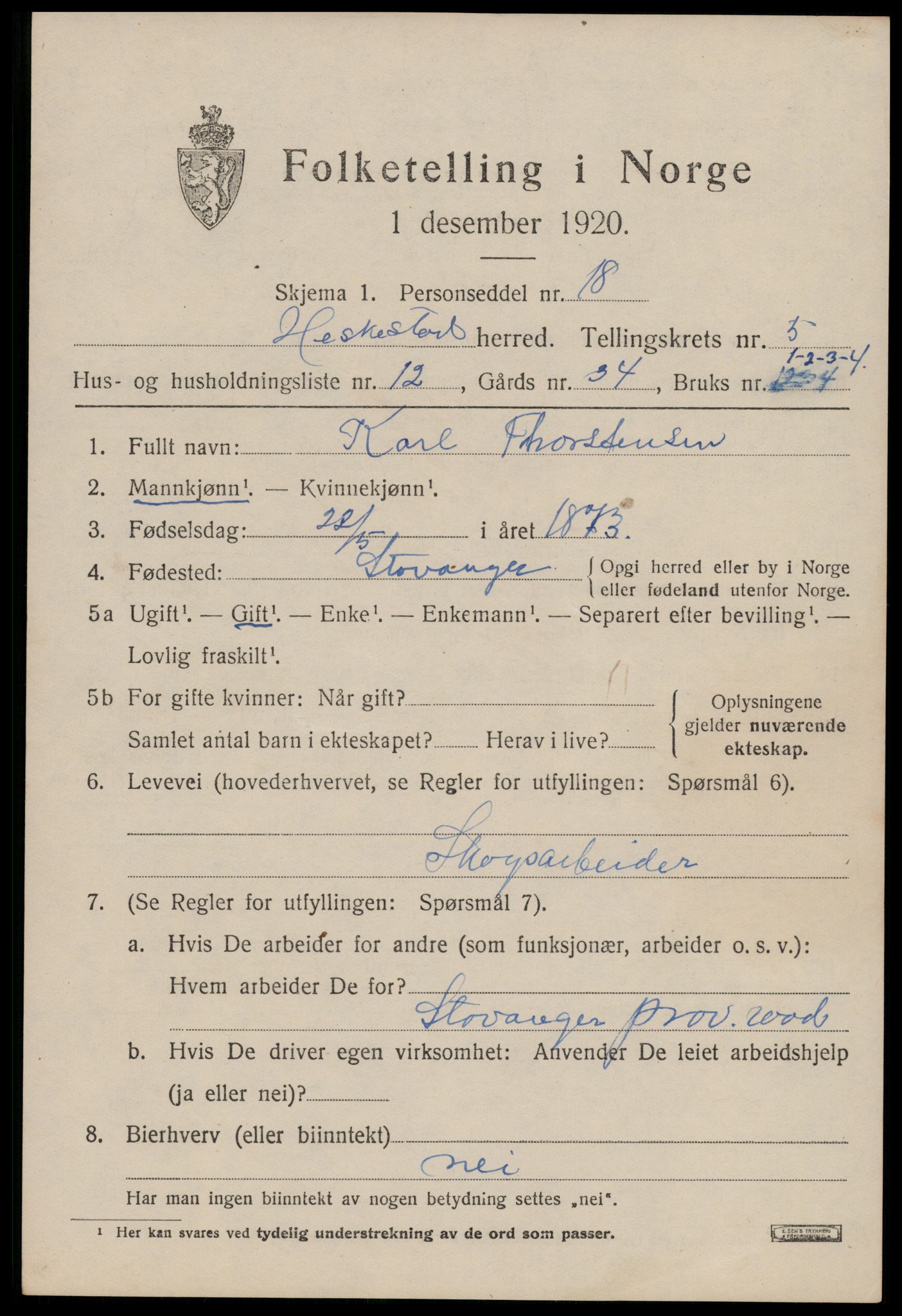 SAST, 1920 census for Heskestad, 1920, p. 2001