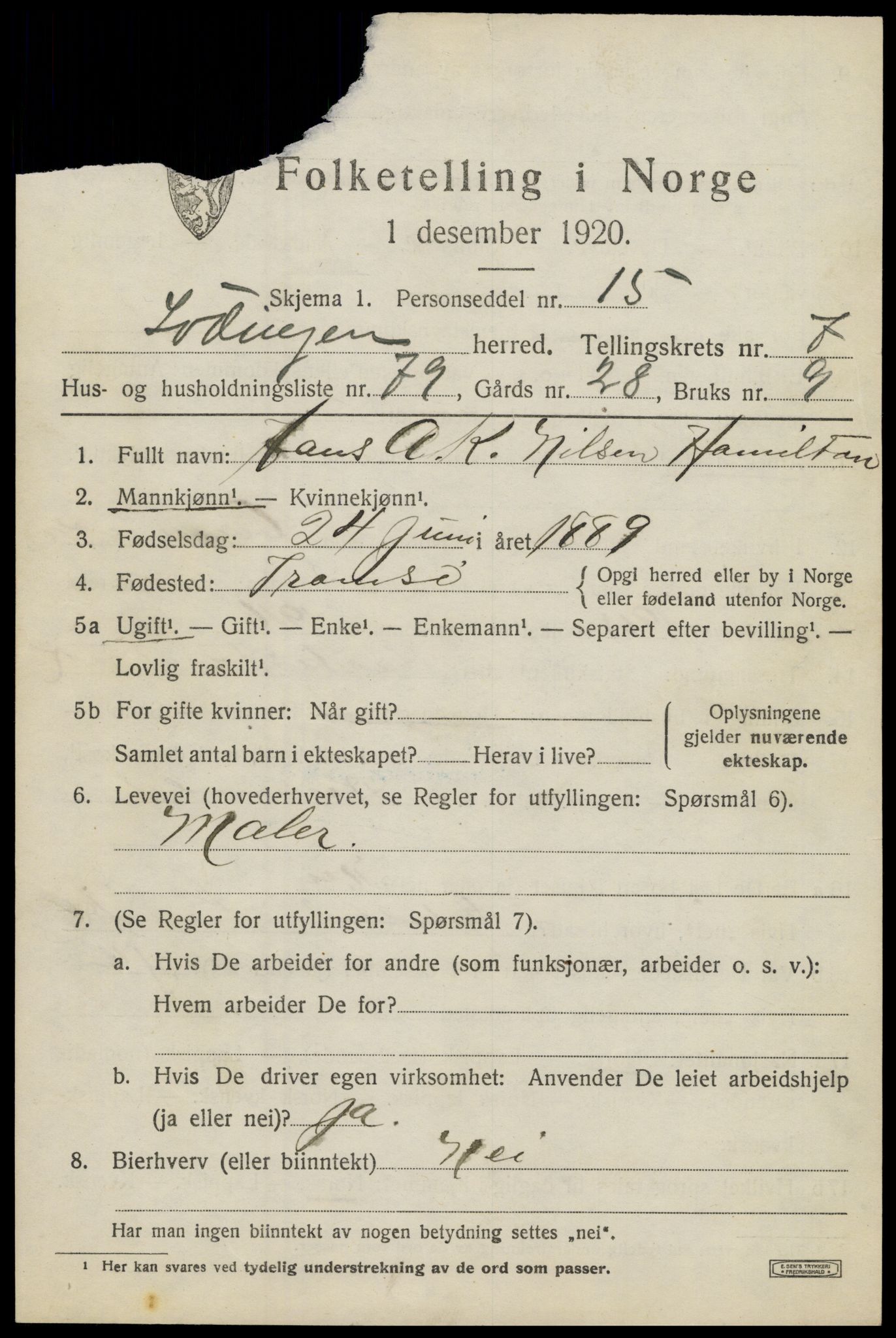 SAT, 1920 census for Lødingen, 1920, p. 5289