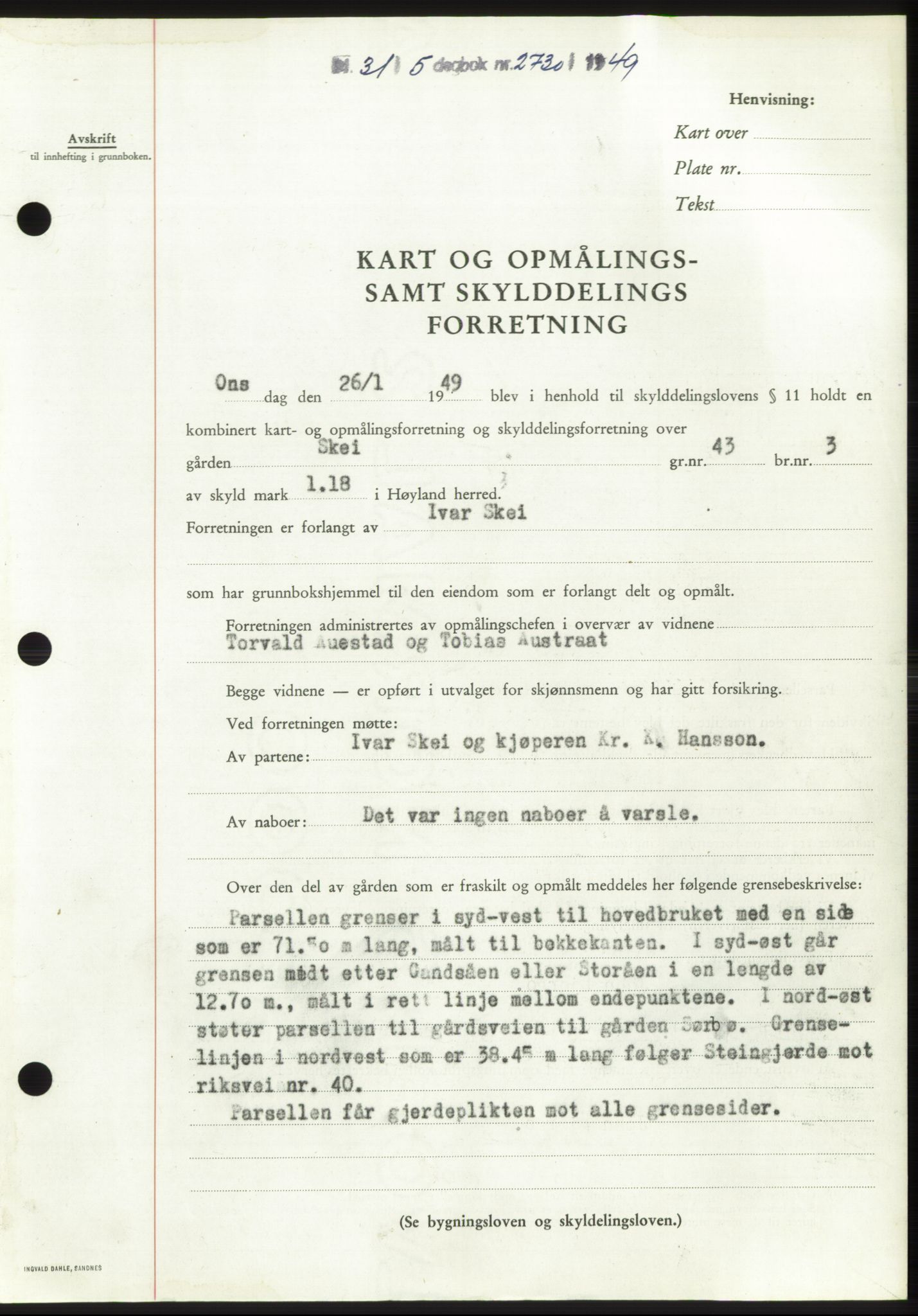 Jæren sorenskriveri, AV/SAST-A-100310/03/G/Gba/L0102: Mortgage book, 1949-1949, Diary no: : 2730/1949