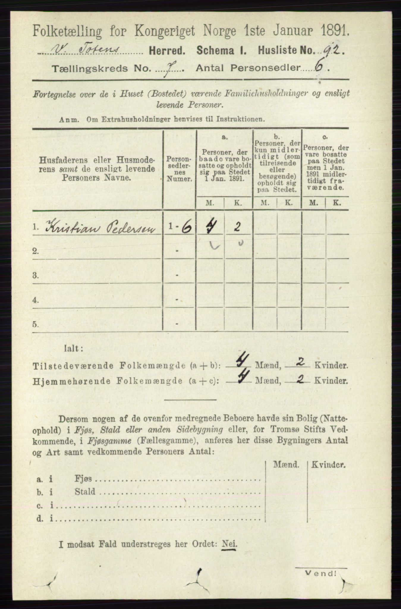 RA, 1891 census for 0529 Vestre Toten, 1891, p. 4371