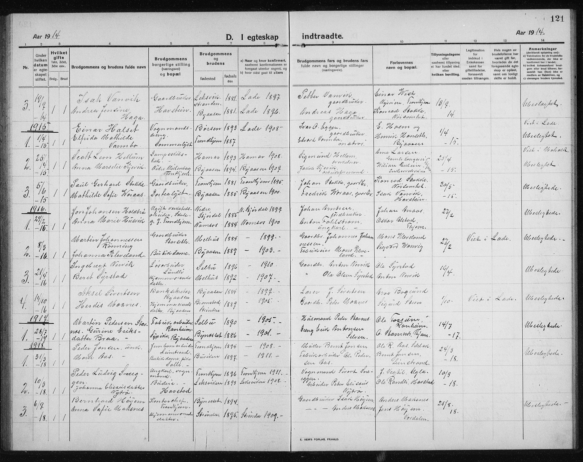 Ministerialprotokoller, klokkerbøker og fødselsregistre - Sør-Trøndelag, SAT/A-1456/611/L0356: Parish register (copy) no. 611C04, 1914-1938, p. 121