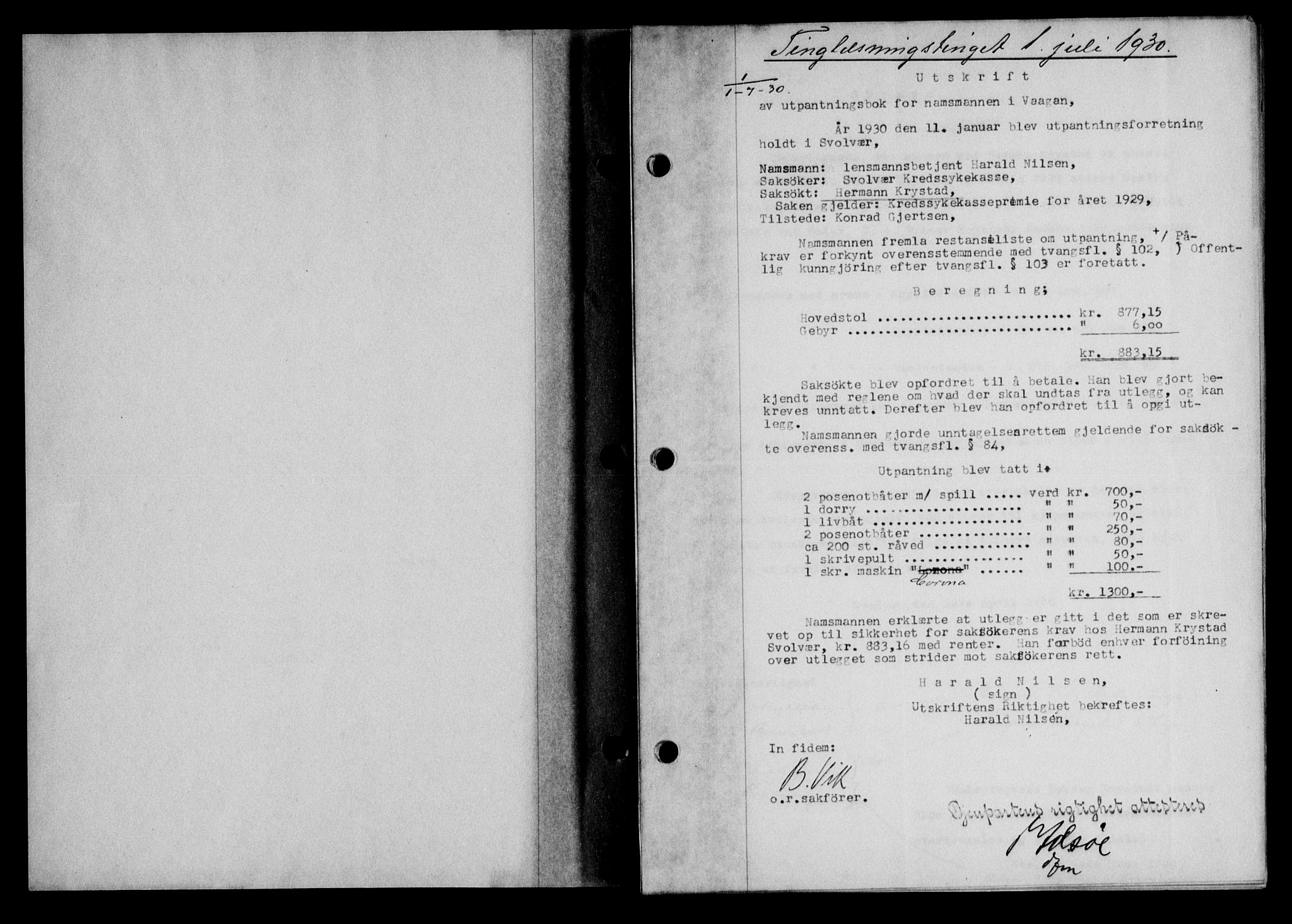 Lofoten sorenskriveri, SAT/A-0017/1/2/2C/L0022b: Mortgage book no. 22b, 1930-1930, Deed date: 01.07.1930