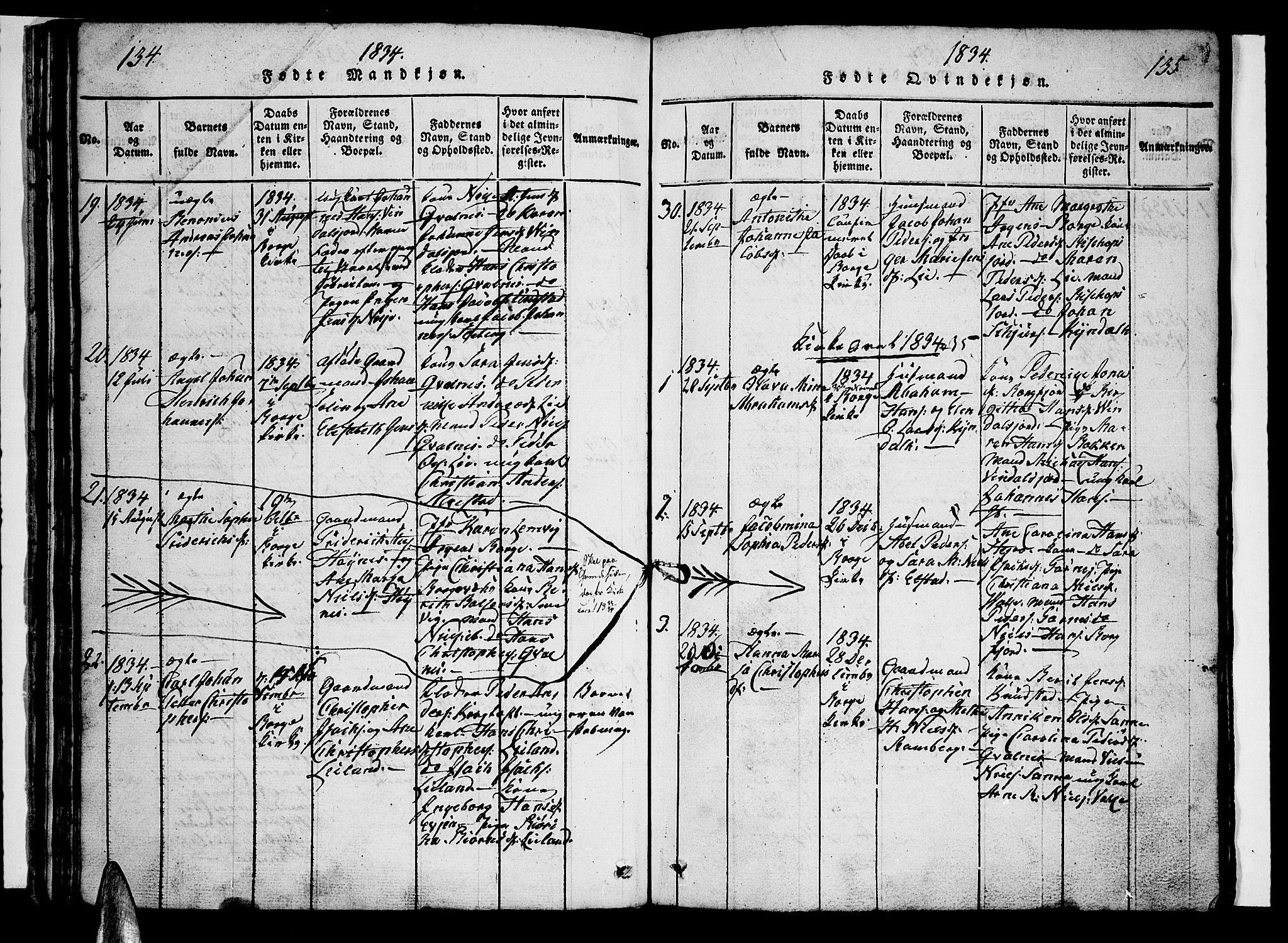 Ministerialprotokoller, klokkerbøker og fødselsregistre - Nordland, SAT/A-1459/880/L1130: Parish register (official) no. 880A04, 1821-1843, p. 134-135