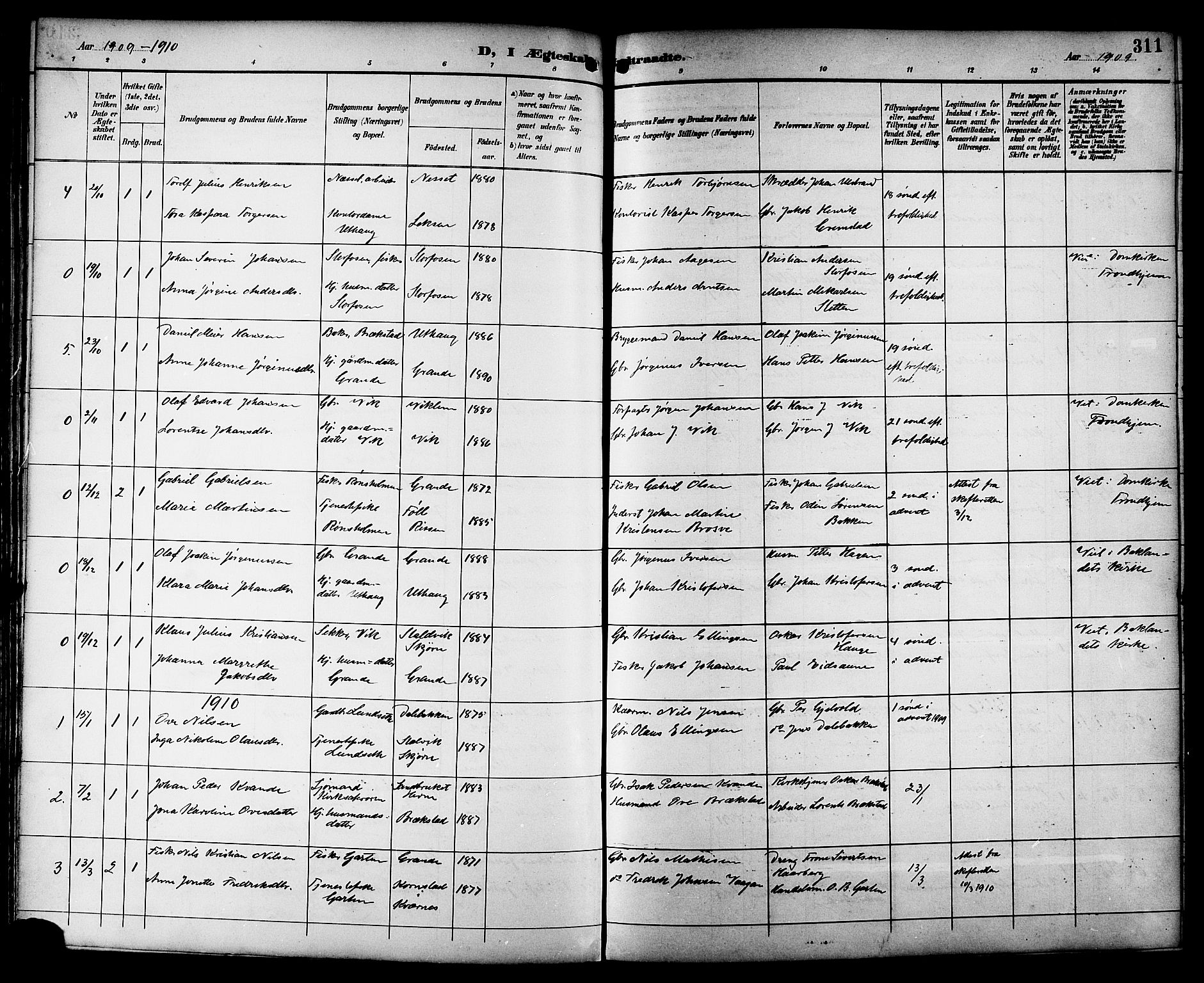 Ministerialprotokoller, klokkerbøker og fødselsregistre - Sør-Trøndelag, SAT/A-1456/659/L0746: Parish register (copy) no. 659C03, 1893-1912, p. 311