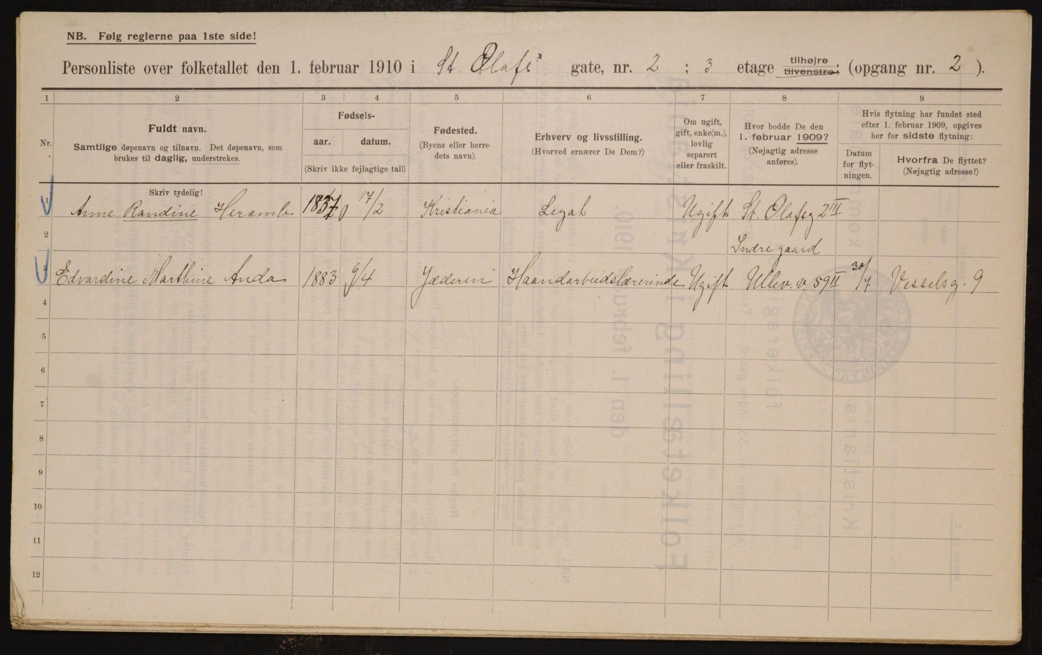 OBA, Municipal Census 1910 for Kristiania, 1910, p. 84085