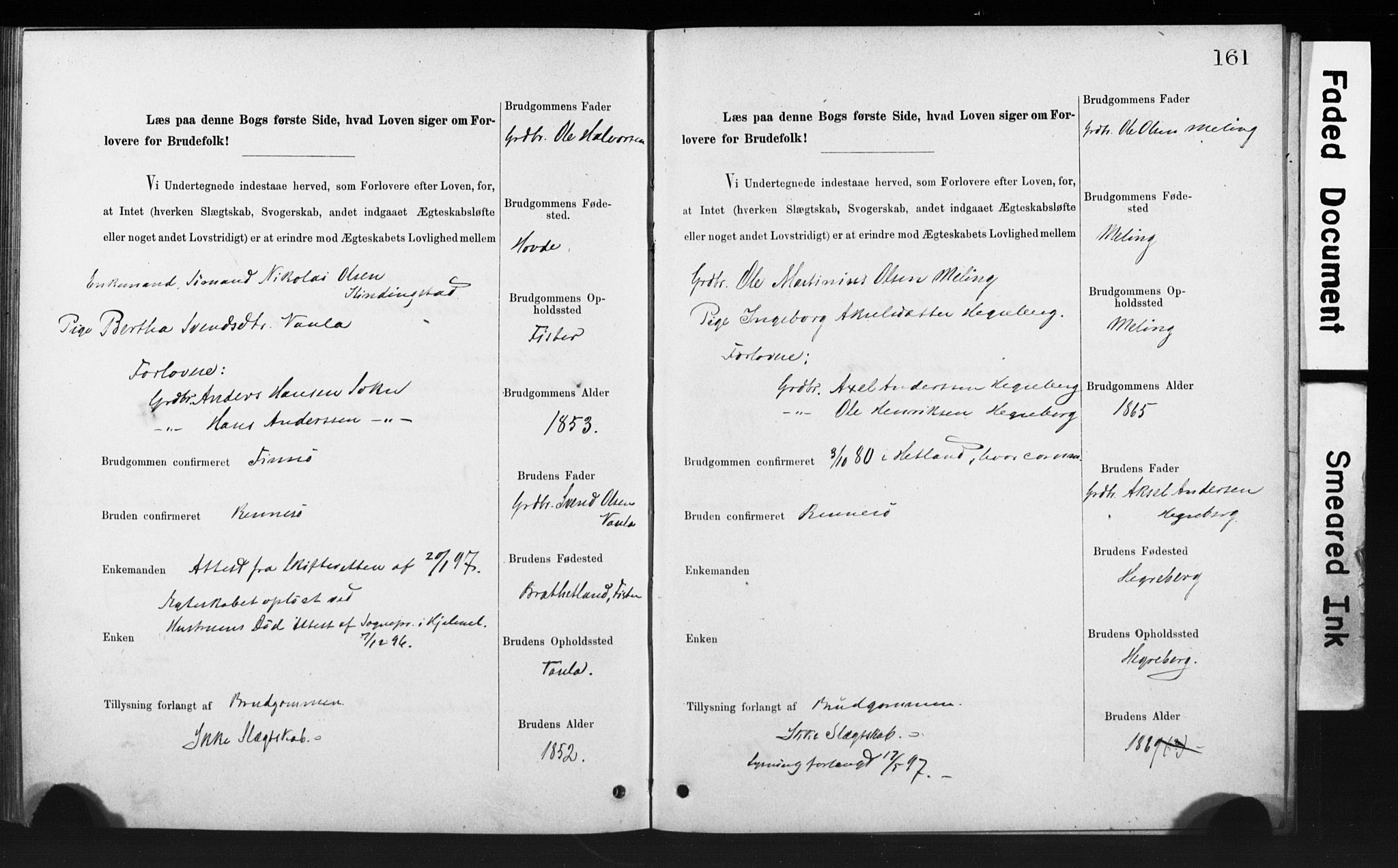Rennesøy sokneprestkontor, AV/SAST-A -101827/I/Ie/L0001: Banns register no. 1, 1873-1898, p. 161