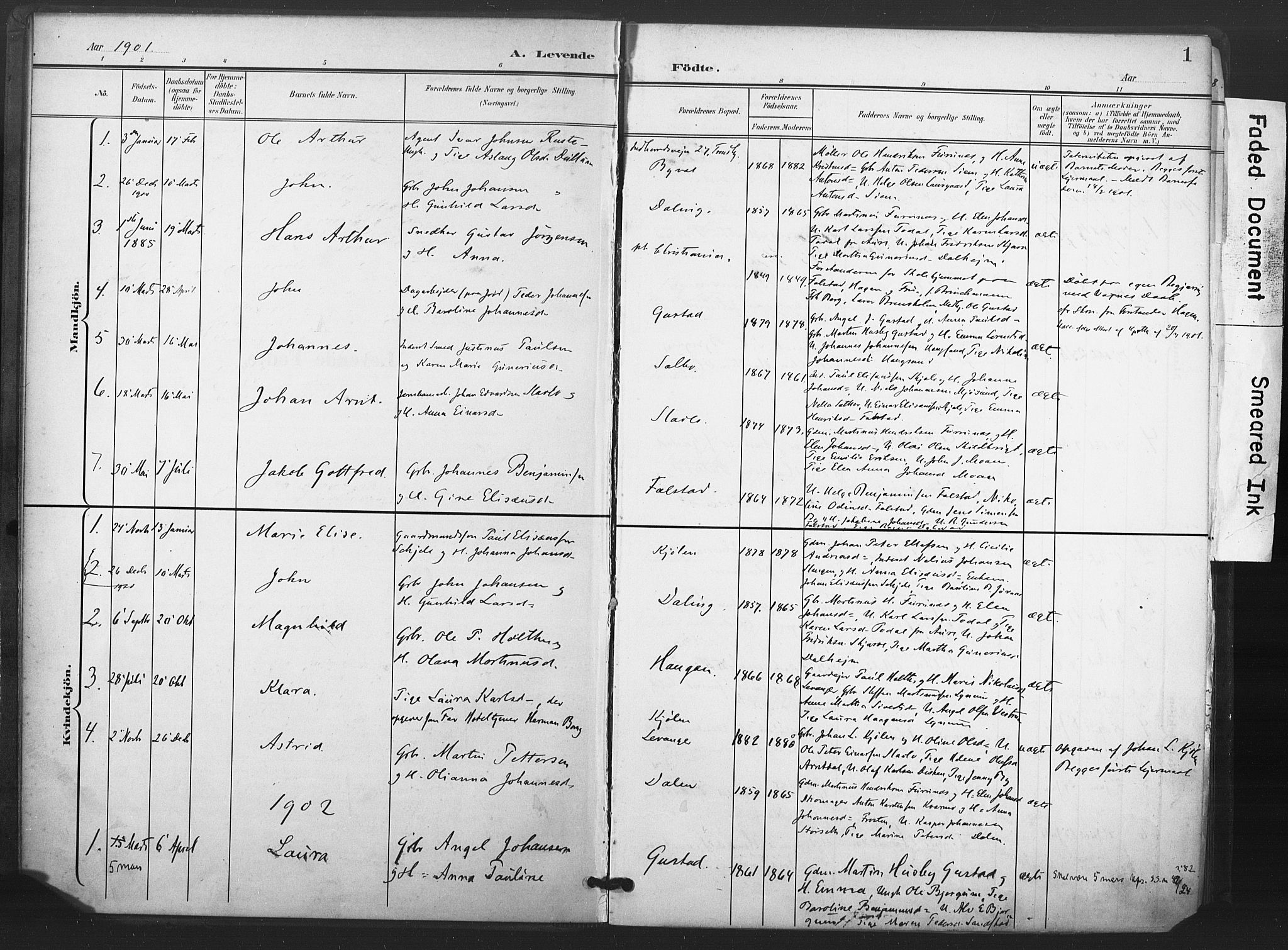 Ministerialprotokoller, klokkerbøker og fødselsregistre - Nord-Trøndelag, AV/SAT-A-1458/719/L0179: Parish register (official) no. 719A02, 1901-1923, p. 1