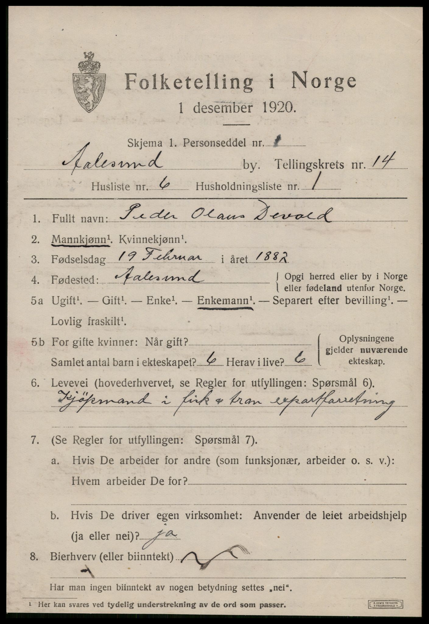 SAT, 1920 census for Ålesund, 1920, p. 28588