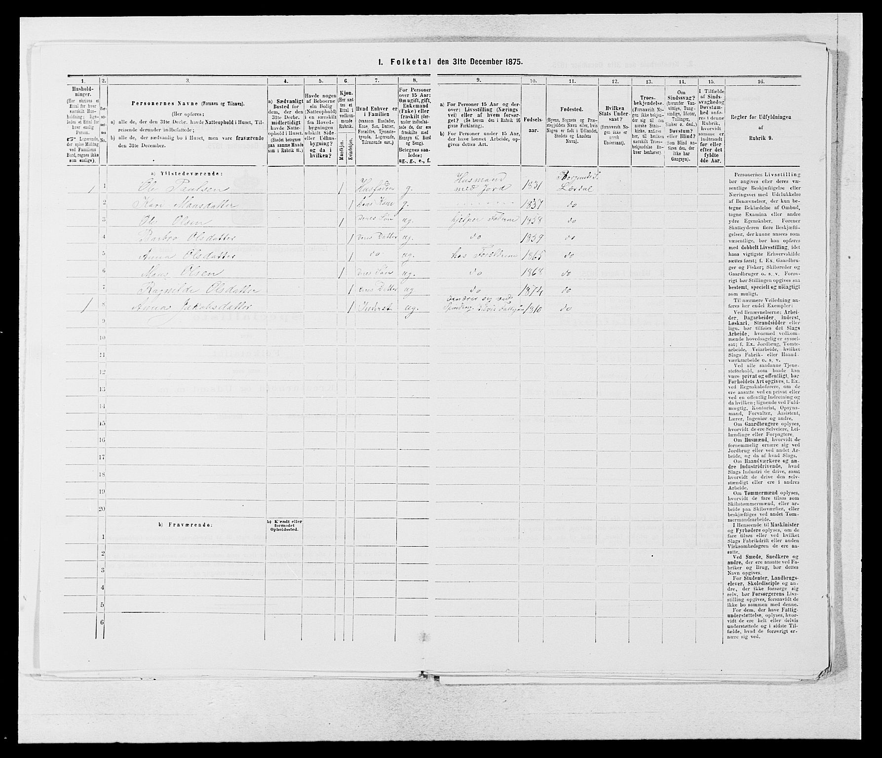 SAB, 1875 census for 1422P Lærdal, 1875, p. 1076