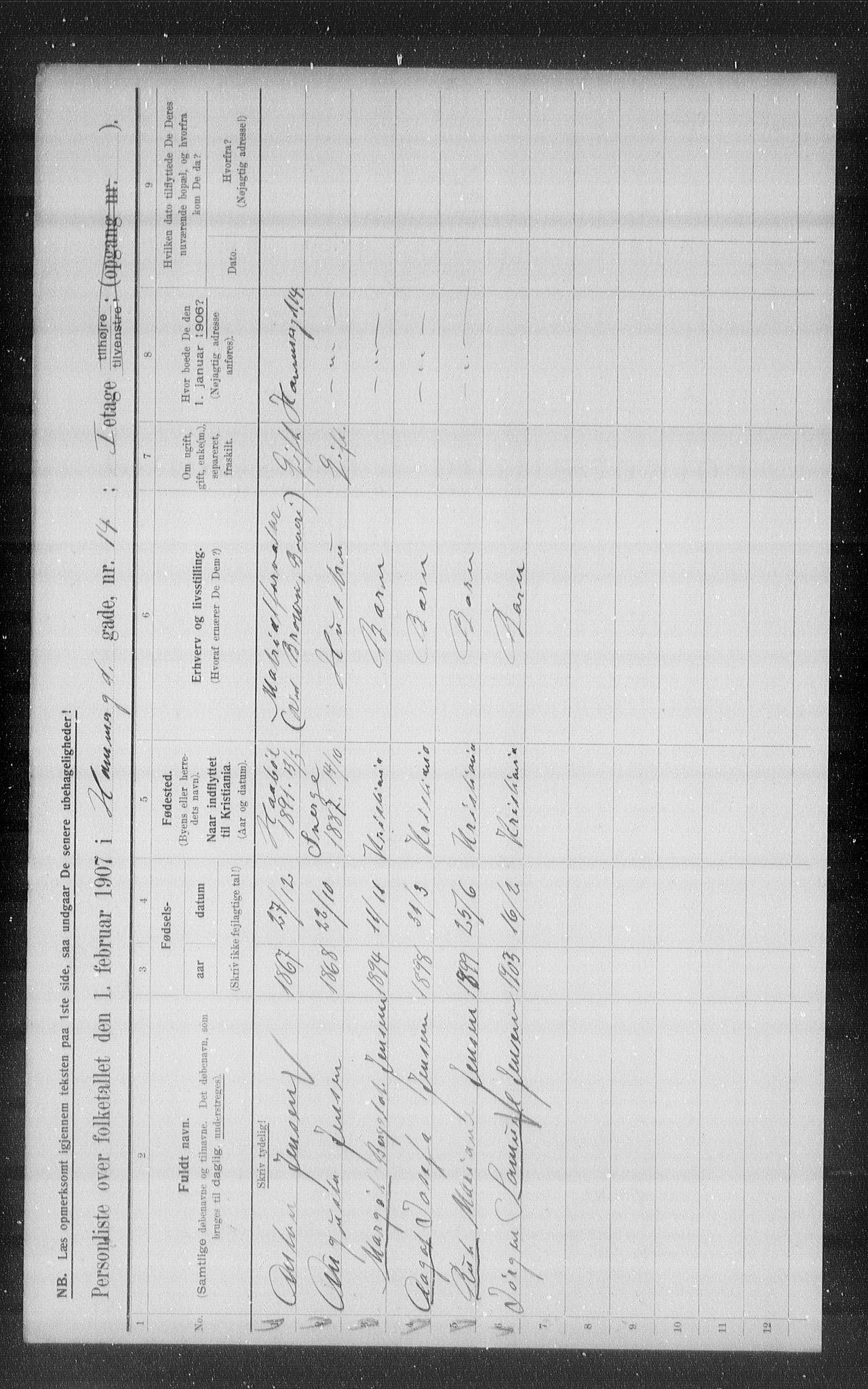 OBA, Municipal Census 1907 for Kristiania, 1907, p. 17607