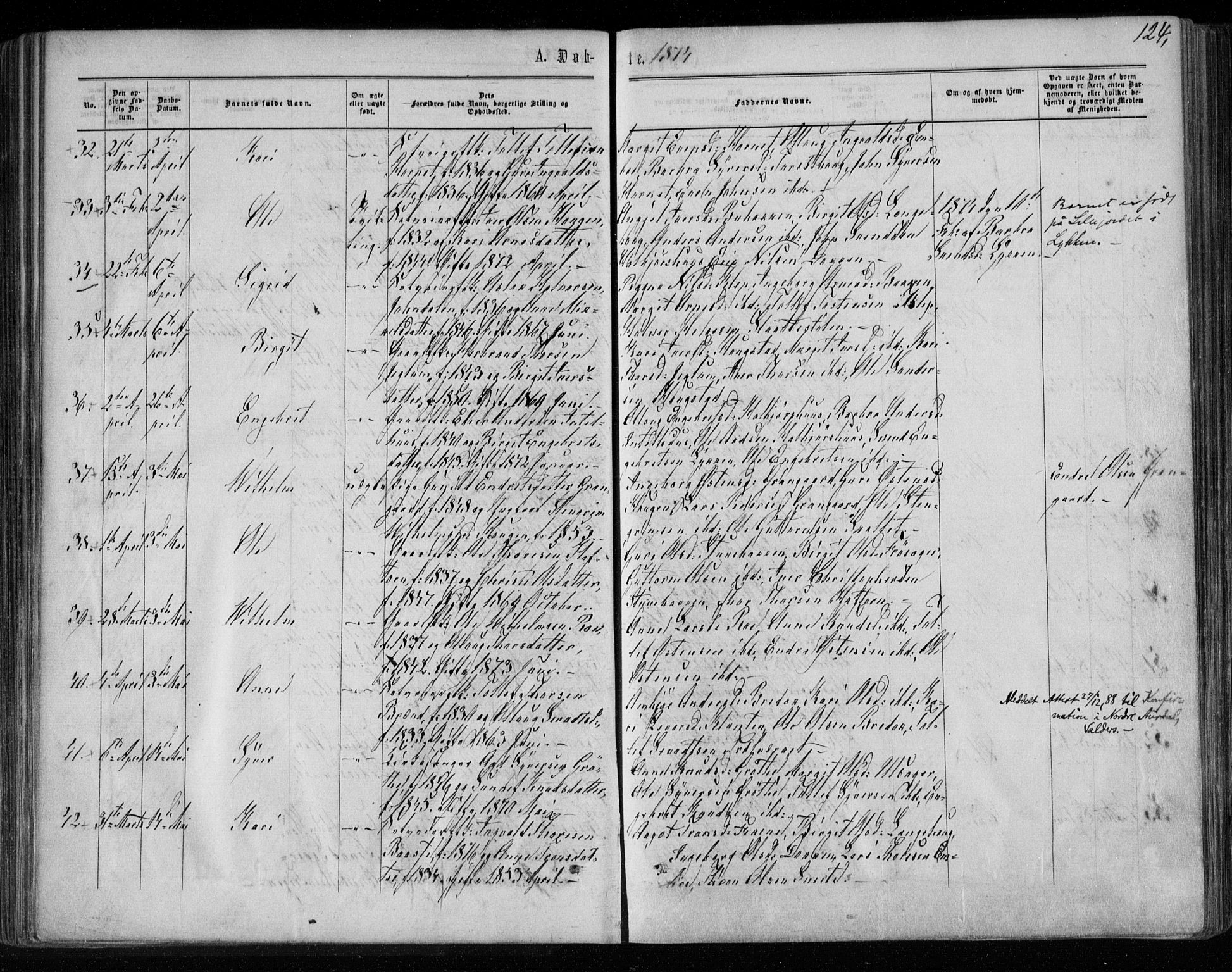 Gol kirkebøker, AV/SAKO-A-226/F/Fa/L0003: Parish register (official) no. I 3, 1863-1875, p. 124