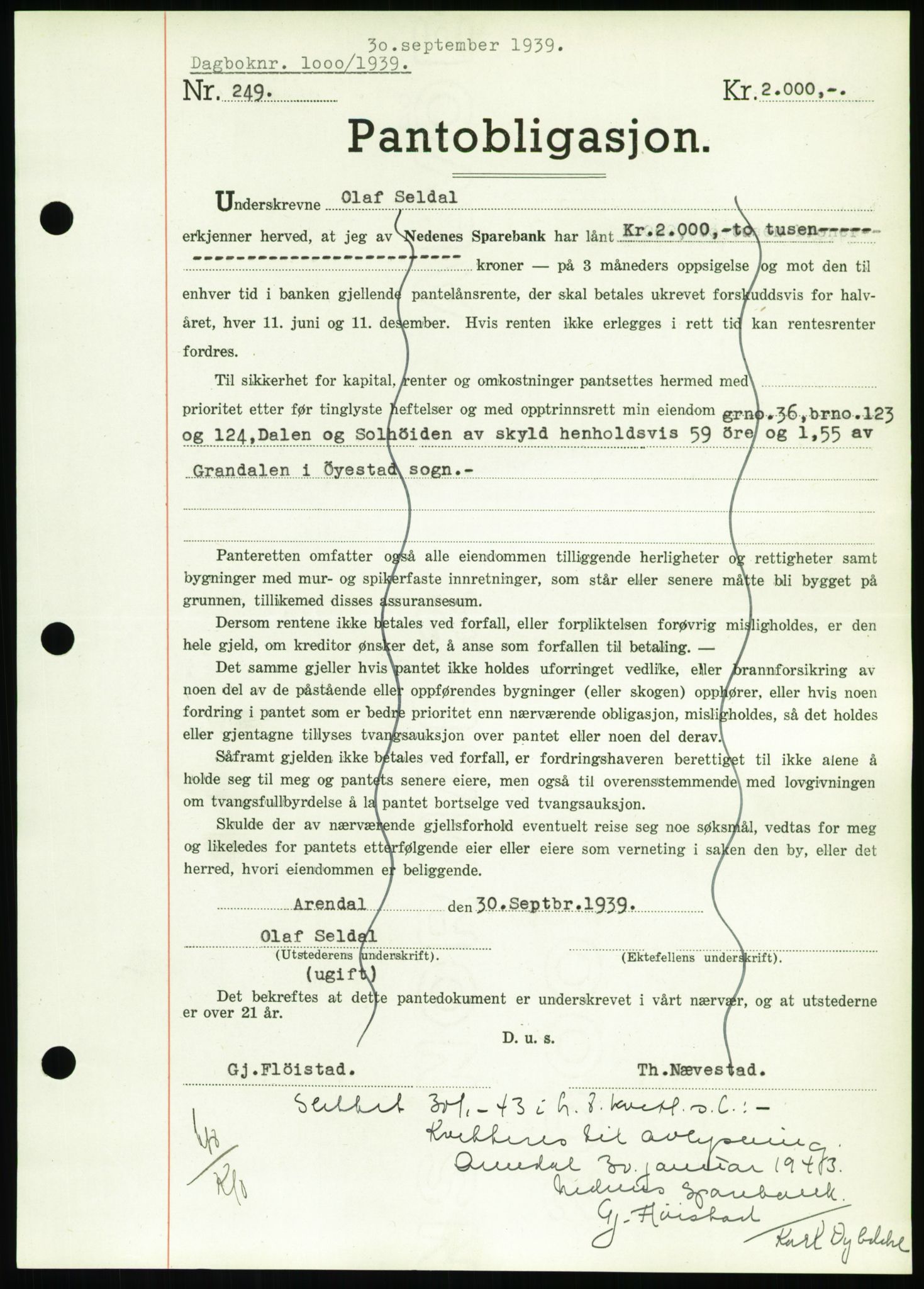 Nedenes sorenskriveri, SAK/1221-0006/G/Gb/Gbb/L0001: Mortgage book no. I, 1939-1942, Diary no: : 1000/1939