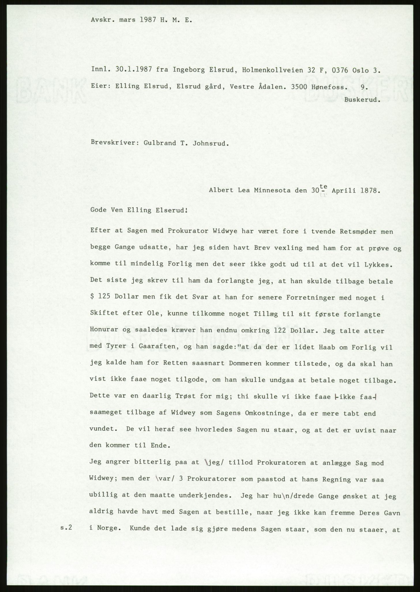 Samlinger til kildeutgivelse, Amerikabrevene, AV/RA-EA-4057/F/L0018: Innlån fra Buskerud: Elsrud, 1838-1914, p. 831