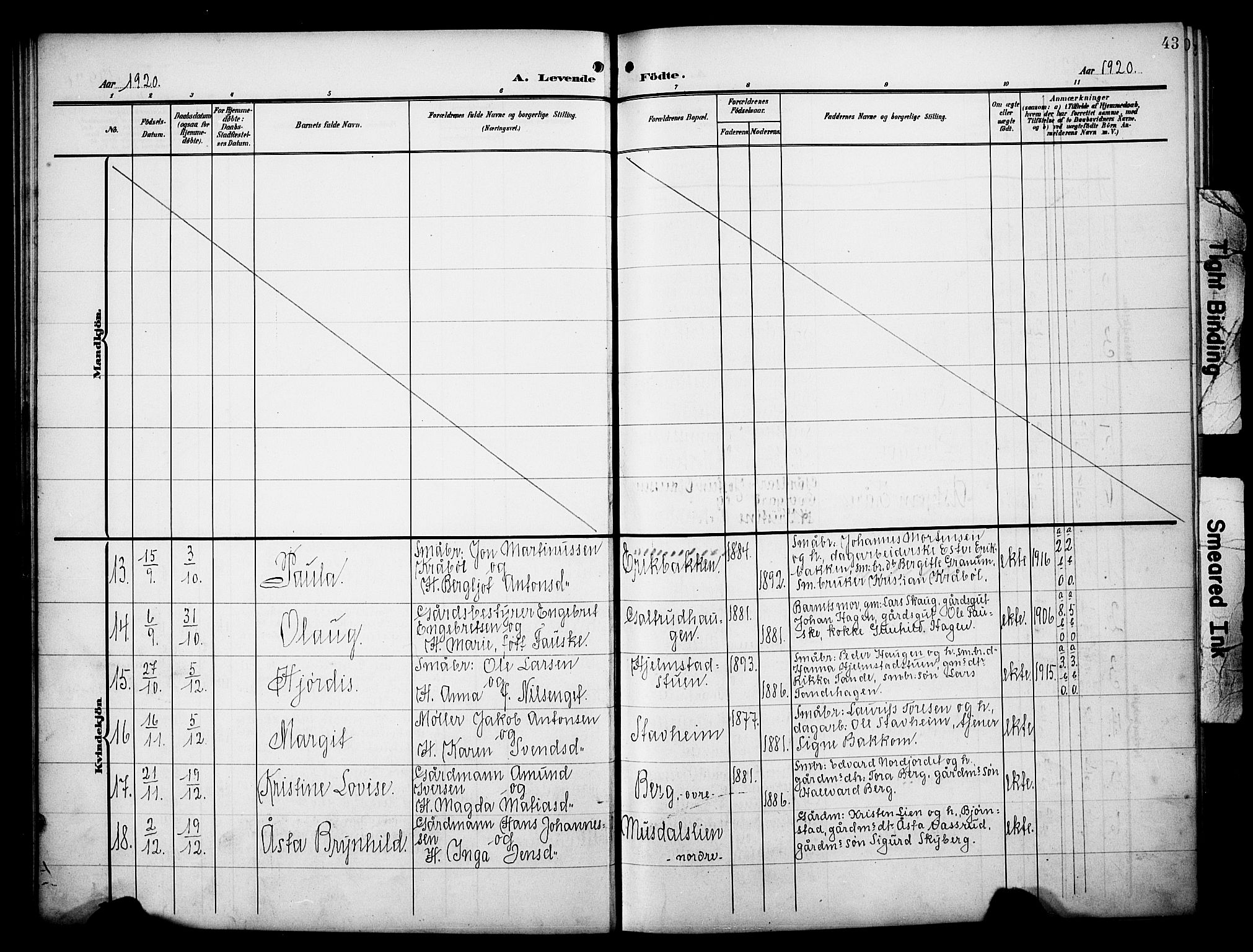 Øyer prestekontor, AV/SAH-PREST-084/H/Ha/Hab/L0006: Parish register (copy) no. 6, 1906-1929, p. 43