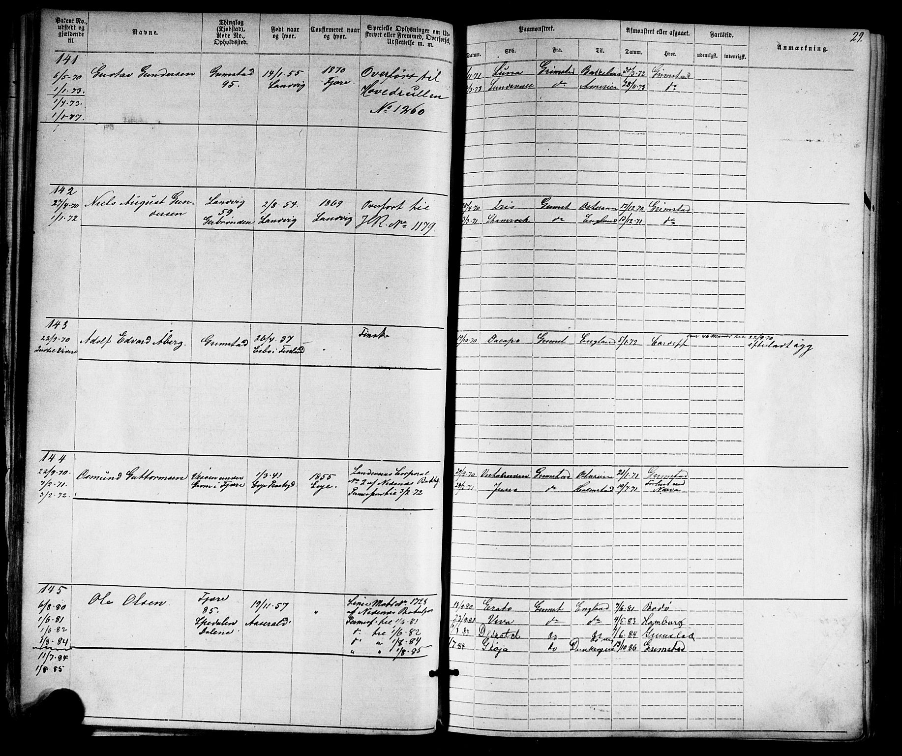 Grimstad mønstringskrets, AV/SAK-2031-0013/F/Fa/L0005: Annotasjonsrulle nr 1-1910 med register, V-18, 1870-1892, p. 52