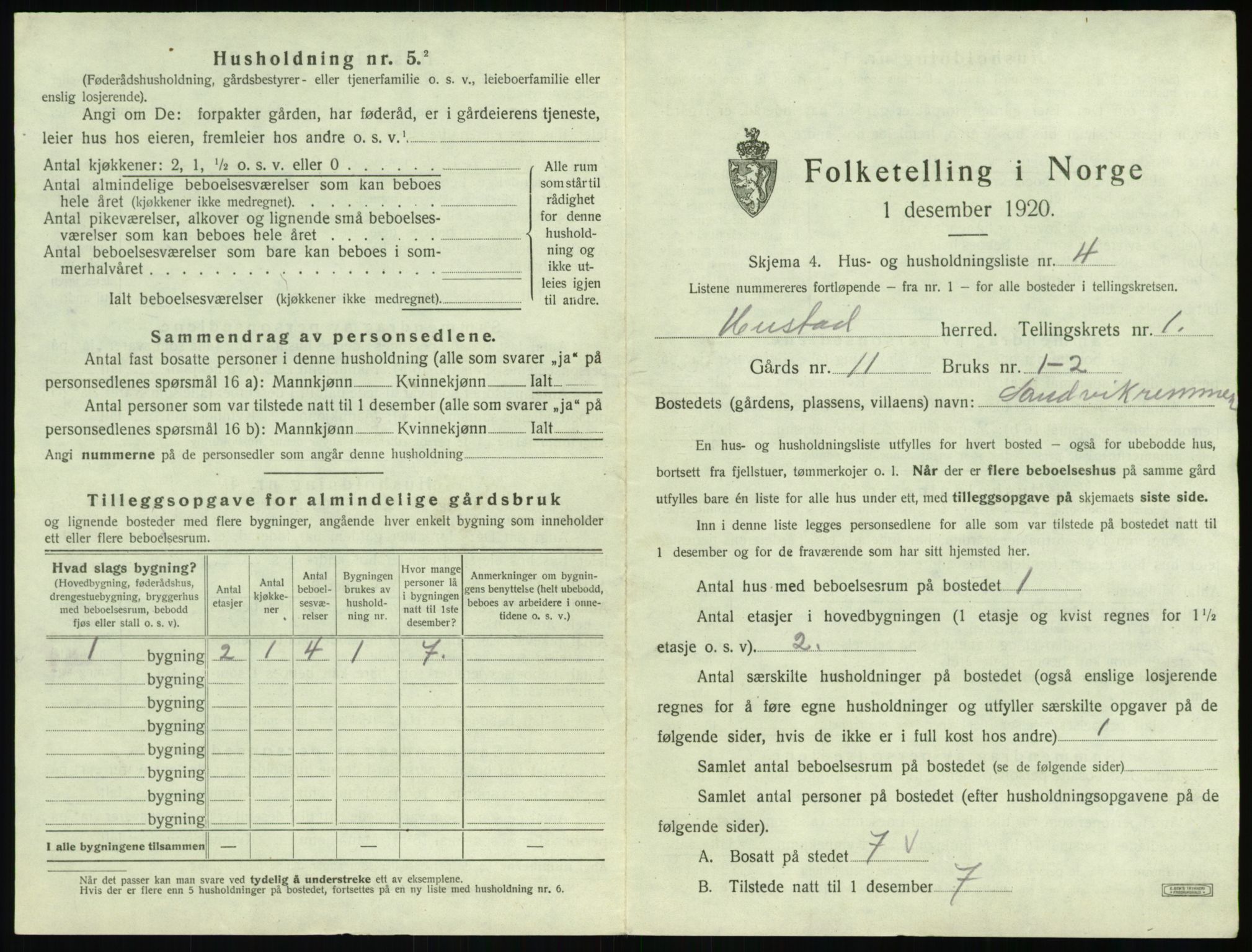 SAT, 1920 census for Hustad, 1920, p. 37