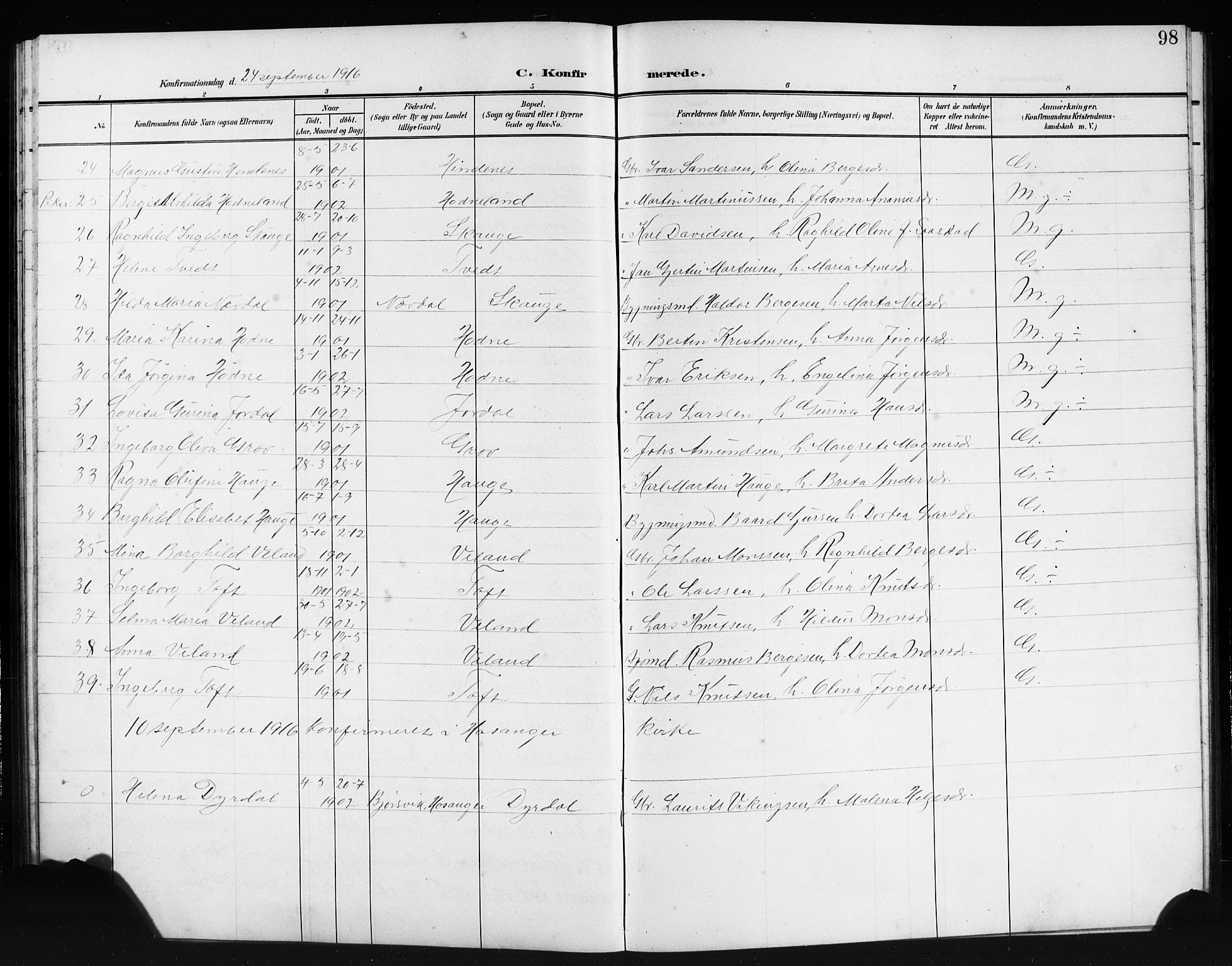 Lindås Sokneprestembete, SAB/A-76701/H/Hab: Parish register (copy) no. E 4, 1906-1921, p. 98