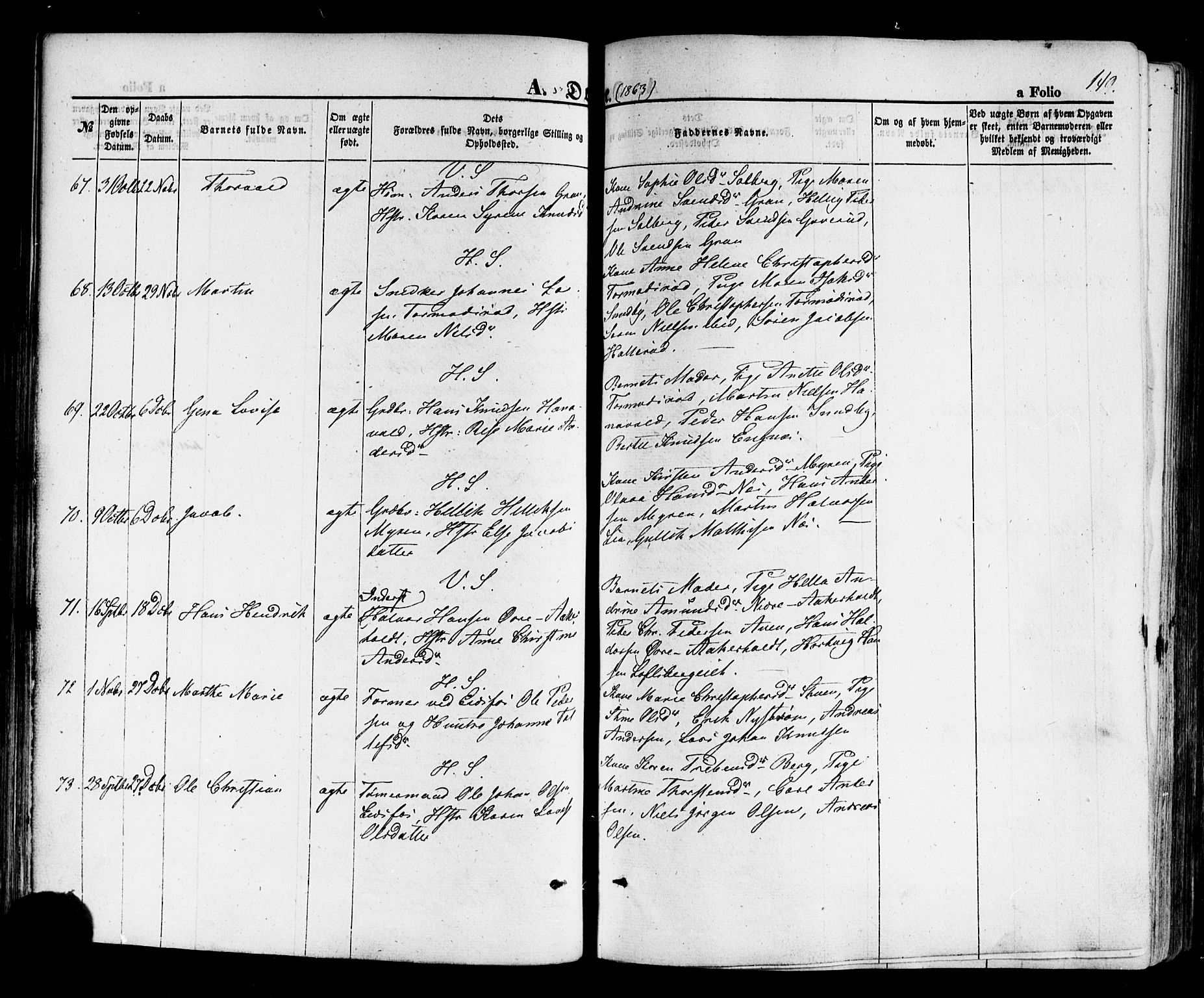 Hof kirkebøker, AV/SAKO-A-64/F/Fa/L0006: Parish register (official) no. I 6, 1851-1877, p. 149