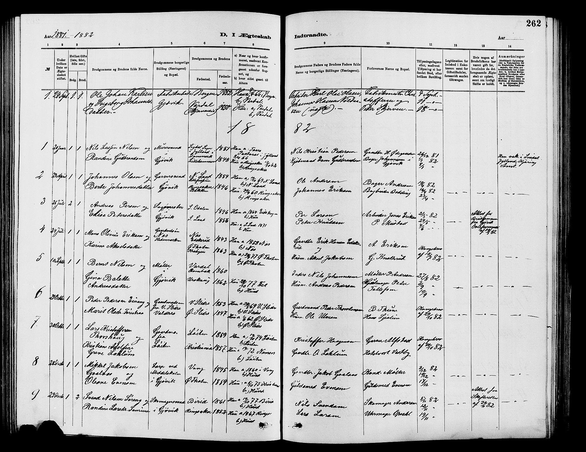 Vardal prestekontor, SAH/PREST-100/H/Ha/Hab/L0007: Parish register (copy) no. 7 /2, 1881-1895, p. 262