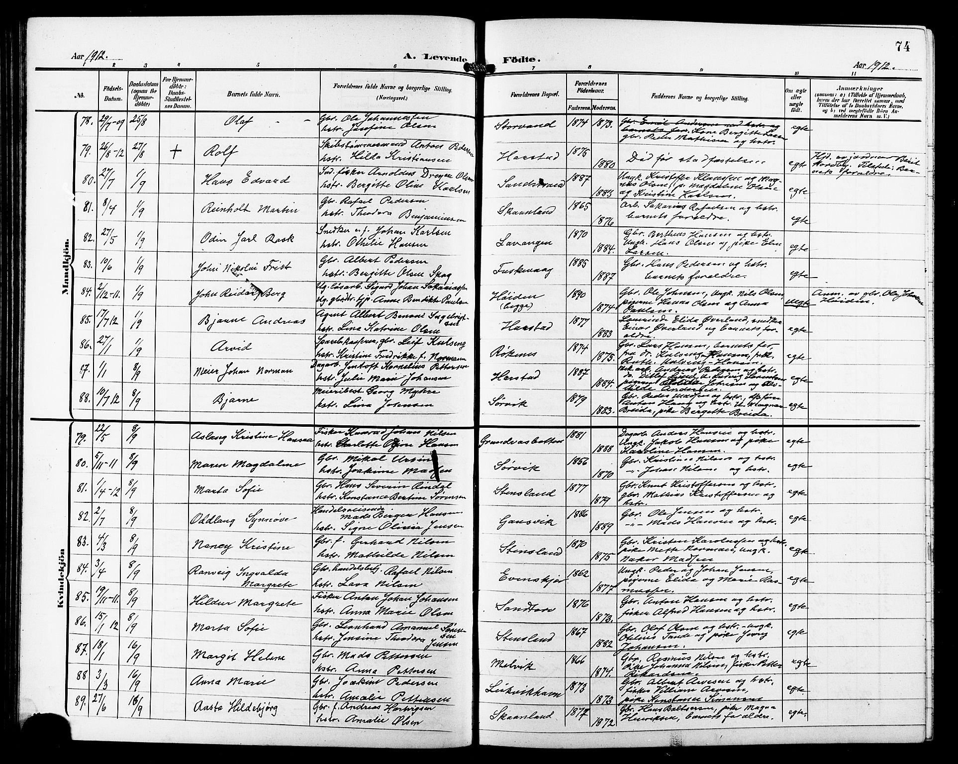 Trondenes sokneprestkontor, AV/SATØ-S-1319/H/Hb/L0012klokker: Parish register (copy) no. 12, 1907-1916, p. 74