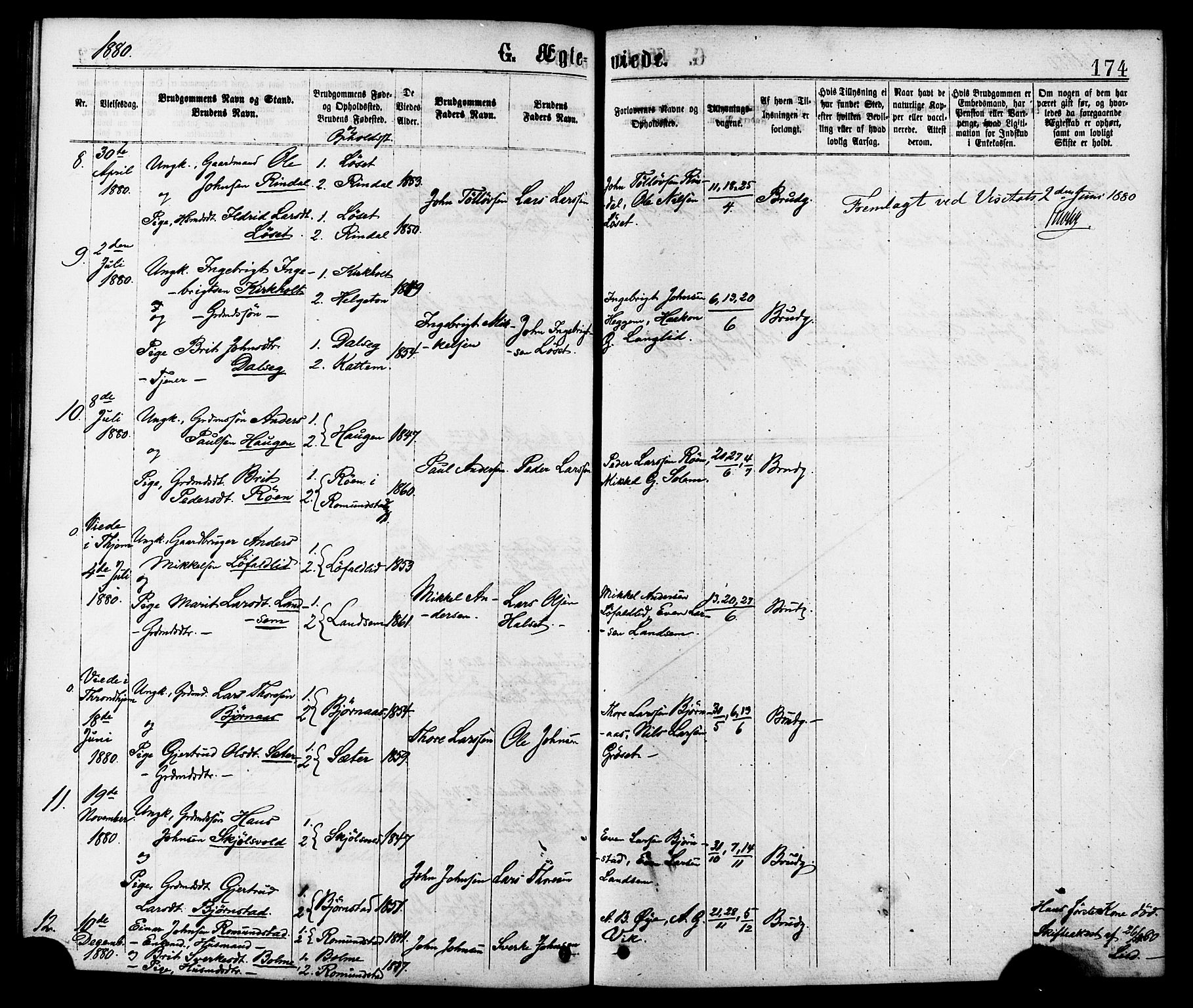 Ministerialprotokoller, klokkerbøker og fødselsregistre - Møre og Romsdal, SAT/A-1454/598/L1068: Parish register (official) no. 598A02, 1872-1881, p. 174