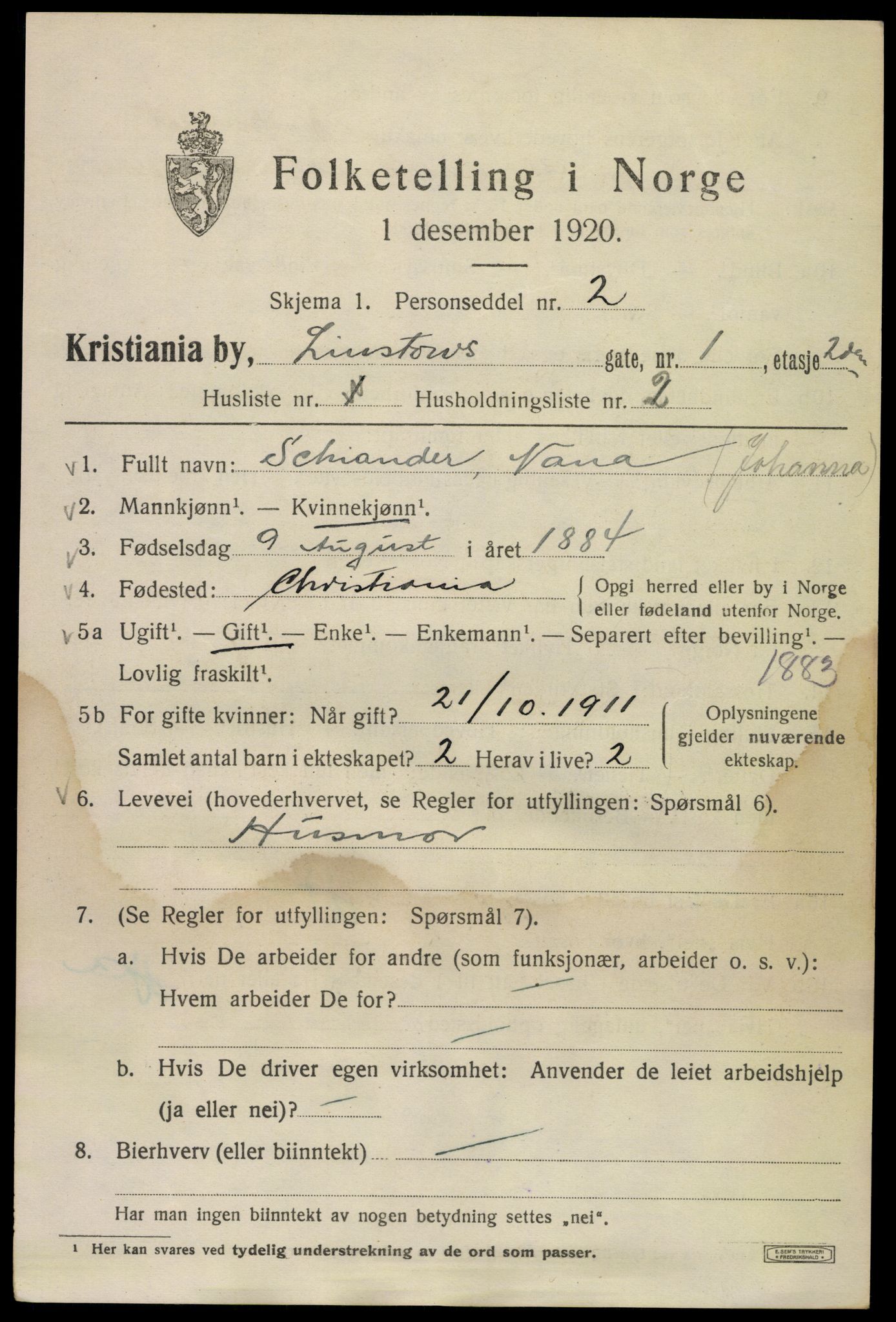 SAO, 1920 census for Kristiania, 1920, p. 365501