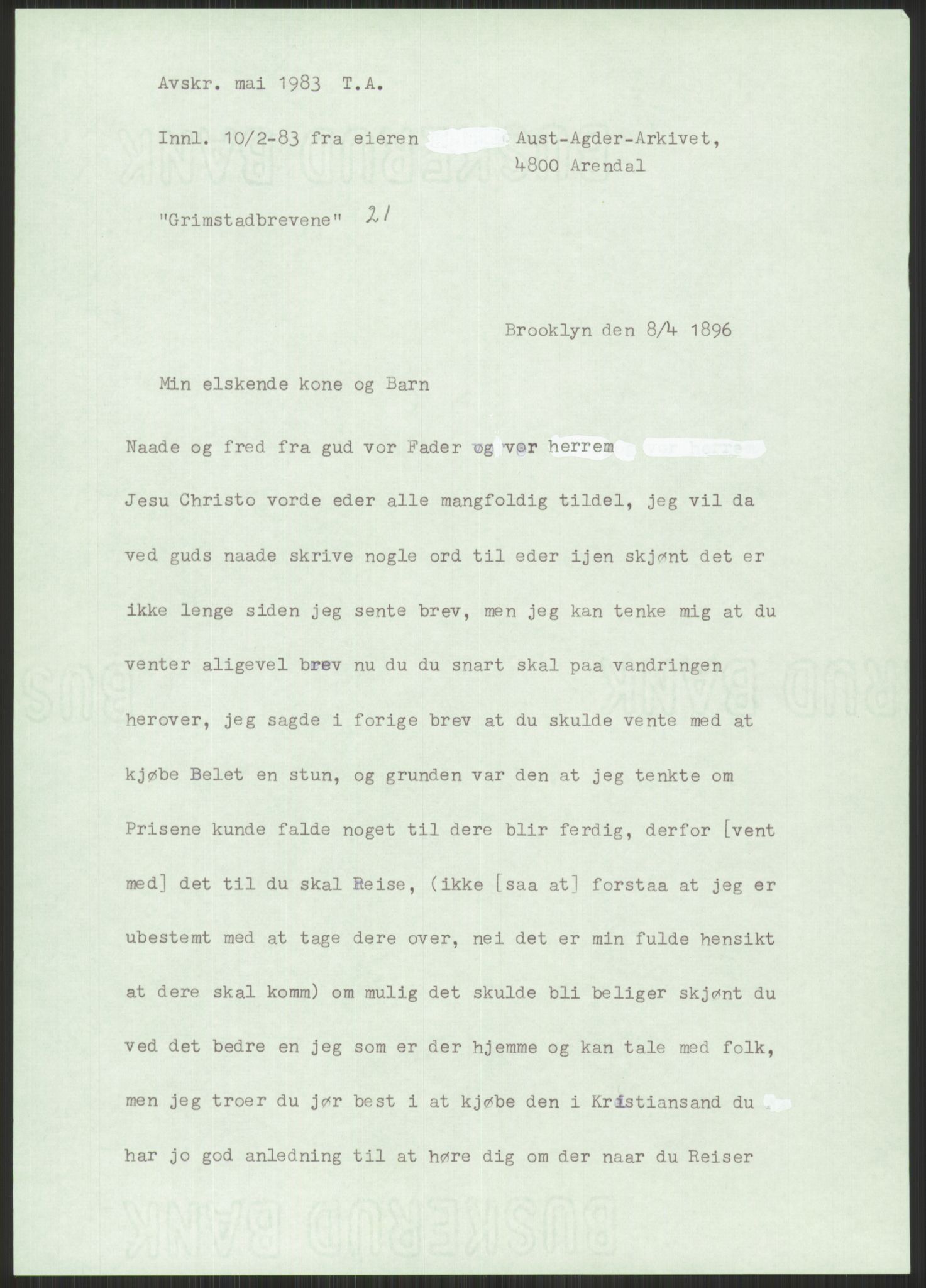 Samlinger til kildeutgivelse, Amerikabrevene, AV/RA-EA-4057/F/L0025: Innlån fra Aust-Agder: Aust-Agder-Arkivet, Grimstadbrevene, 1838-1914, p. 203