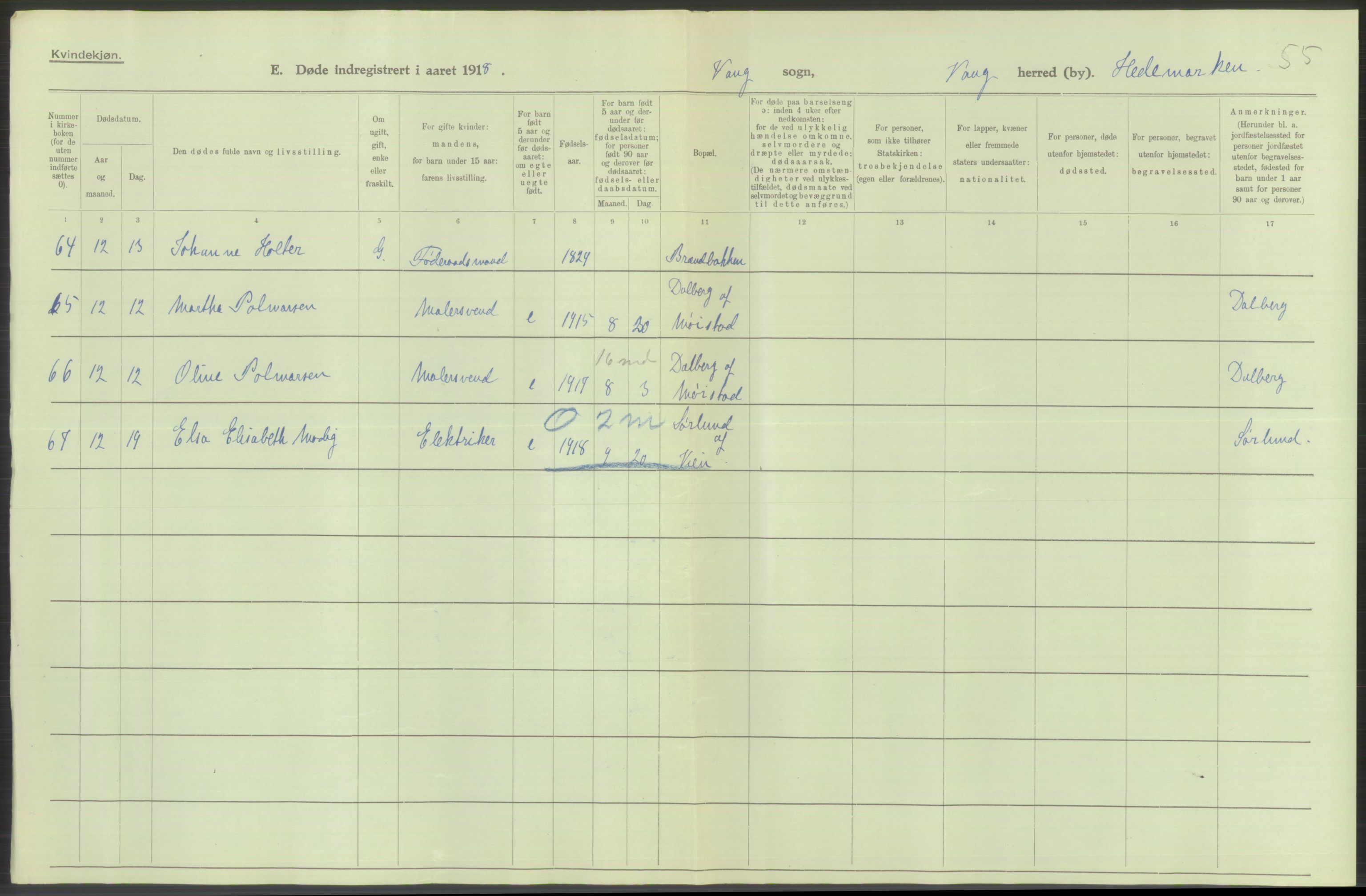 Statistisk sentralbyrå, Sosiodemografiske emner, Befolkning, RA/S-2228/D/Df/Dfb/Dfbh/L0014: Hedemarkens fylke: Døde. Bygder og byer., 1918, p. 210