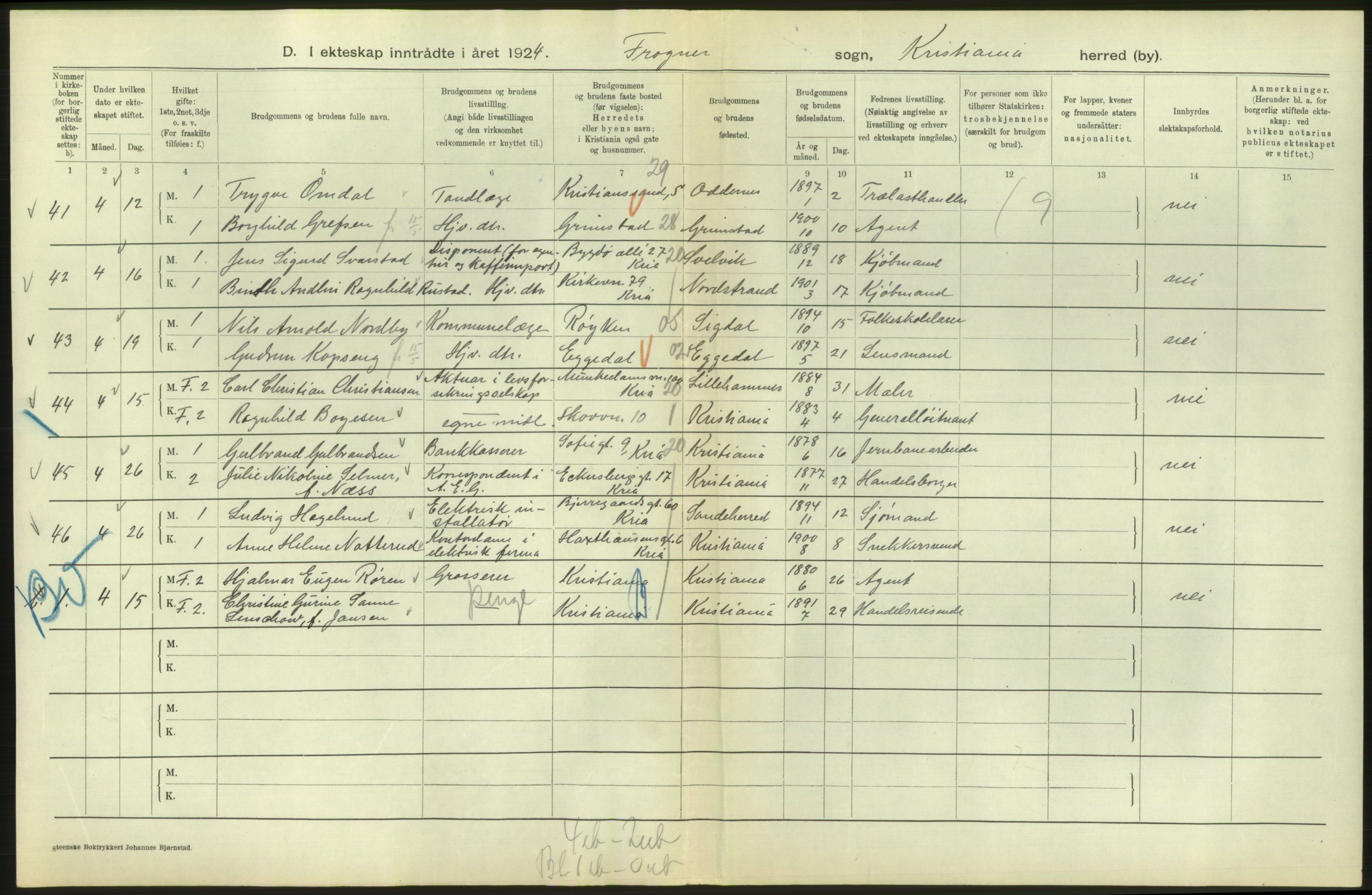 Statistisk sentralbyrå, Sosiodemografiske emner, Befolkning, AV/RA-S-2228/D/Df/Dfc/Dfcd/L0007: Kristiania: Gifte, 1924, p. 210