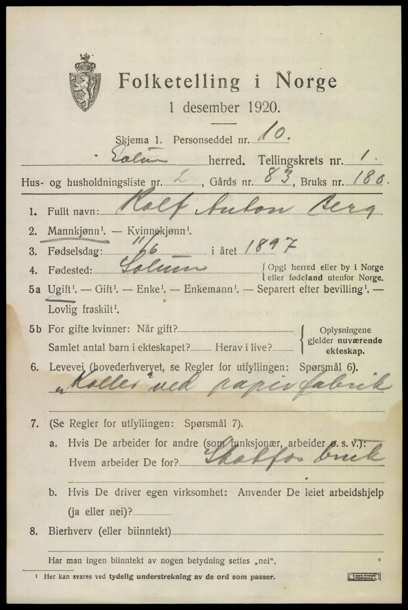 SAKO, 1920 census for Solum, 1920, p. 2274