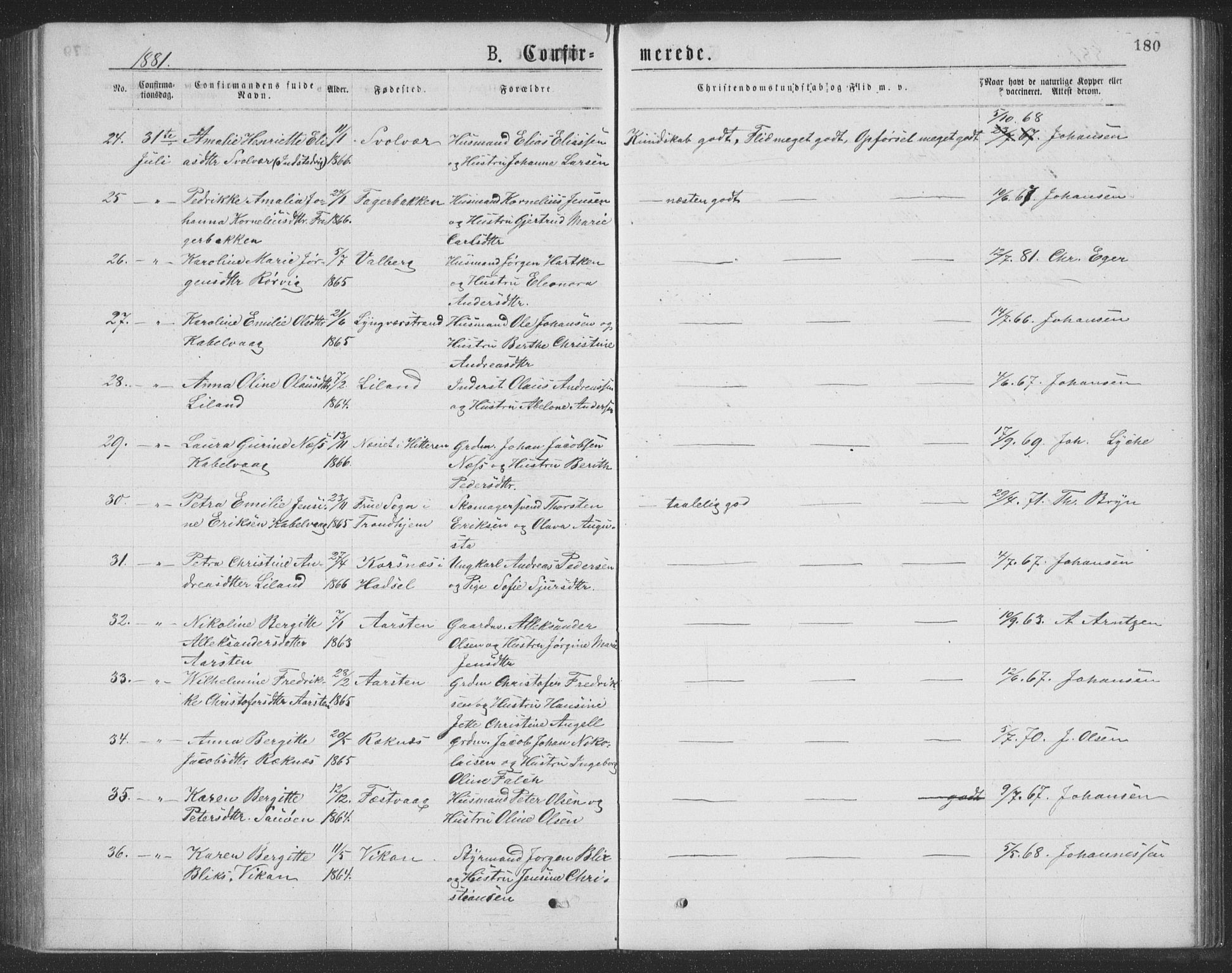 Ministerialprotokoller, klokkerbøker og fødselsregistre - Nordland, AV/SAT-A-1459/874/L1075: Parish register (copy) no. 874C04, 1876-1883, p. 180