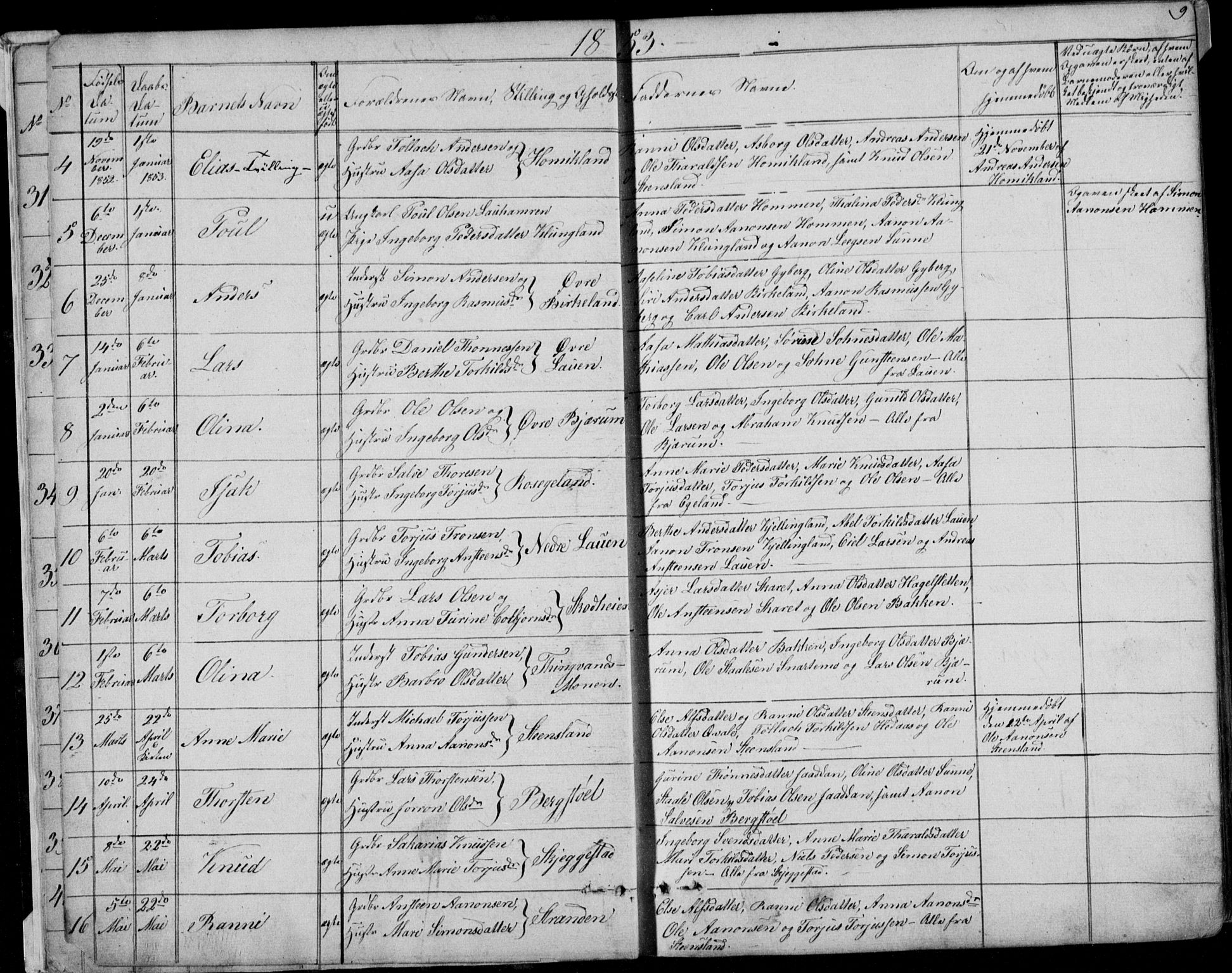 Hægebostad sokneprestkontor, AV/SAK-1111-0024/F/Fb/Fba/L0002: Parish register (copy) no. B 2, 1851-1882, p. 9