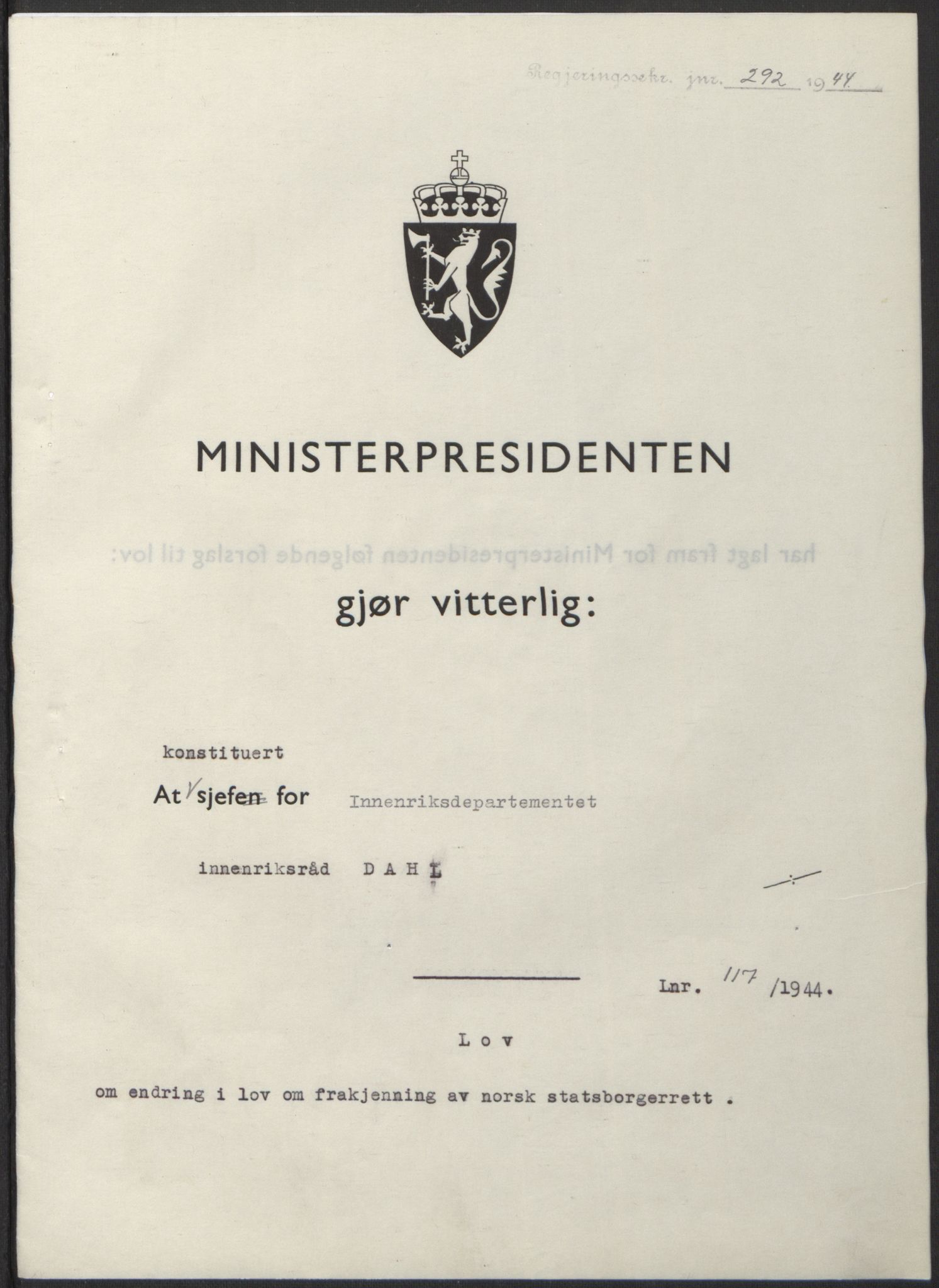 NS-administrasjonen 1940-1945 (Statsrådsekretariatet, de kommisariske statsråder mm), RA/S-4279/D/Db/L0100: Lover, 1944, p. 558