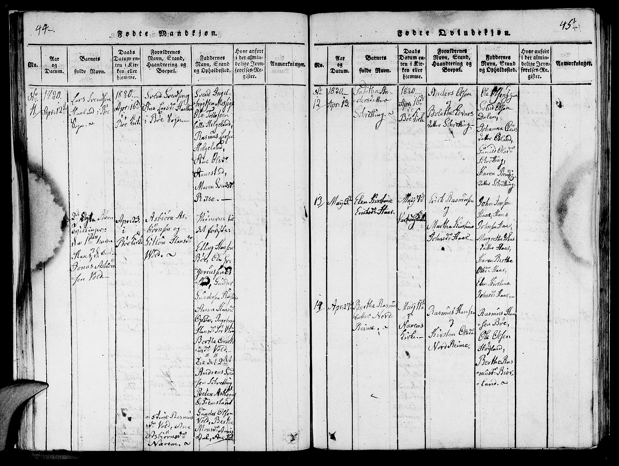 Hå sokneprestkontor, AV/SAST-A-101801/001/30BA/L0003: Parish register (official) no. A 3, 1815-1825, p. 44-45