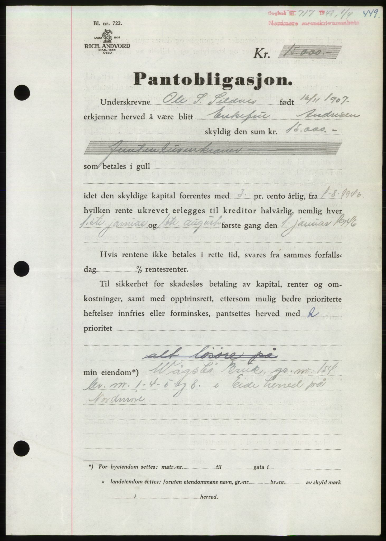 Nordmøre sorenskriveri, AV/SAT-A-4132/1/2/2Ca: Mortgage book no. B98, 1948-1948, Diary no: : 717/1948