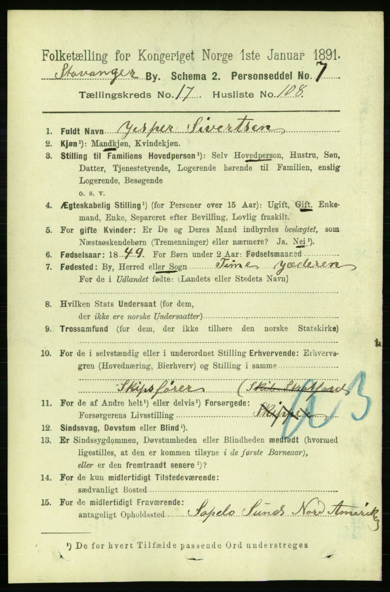 RA, 1891 census for 1103 Stavanger, 1891, p. 21122